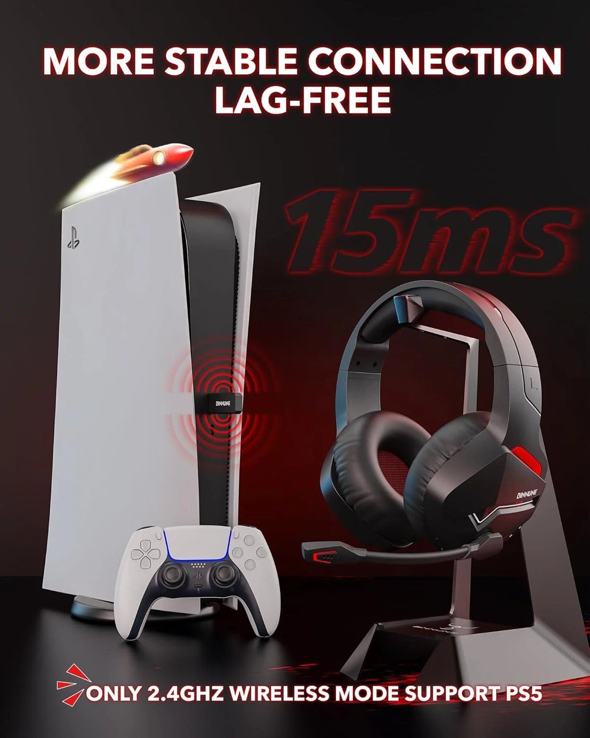 BINNUNE Wireless Gaming Headset for PS5 PC, 120H Ultra-Long Battery, 2.4GHz & Bluetooth 5.3 Wireless Headphones with Noise Canceling Mic, 50mm Drivers, Comfort Over Ear Headphones, Black - Image 2