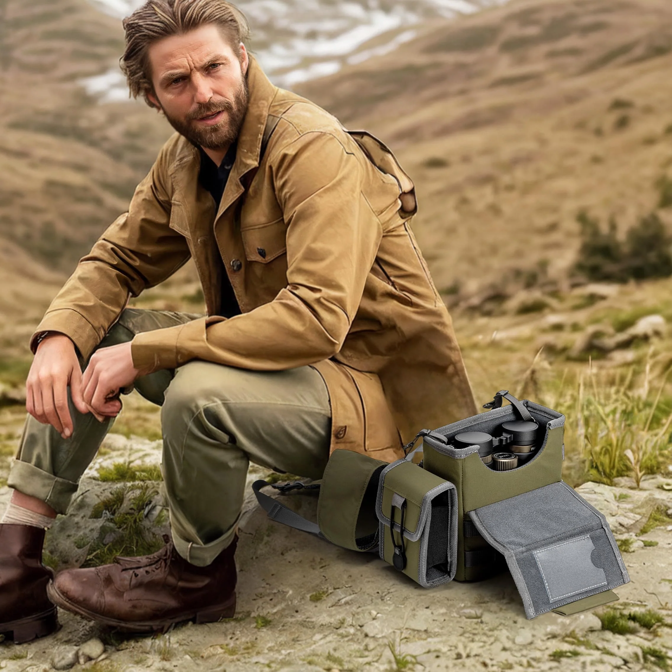 Binocular Harness Chest Pack - Bino Case with Rangefinder Pouch and Waterproof Cover for Hunting Hiking Birdwatching Green - Image 6