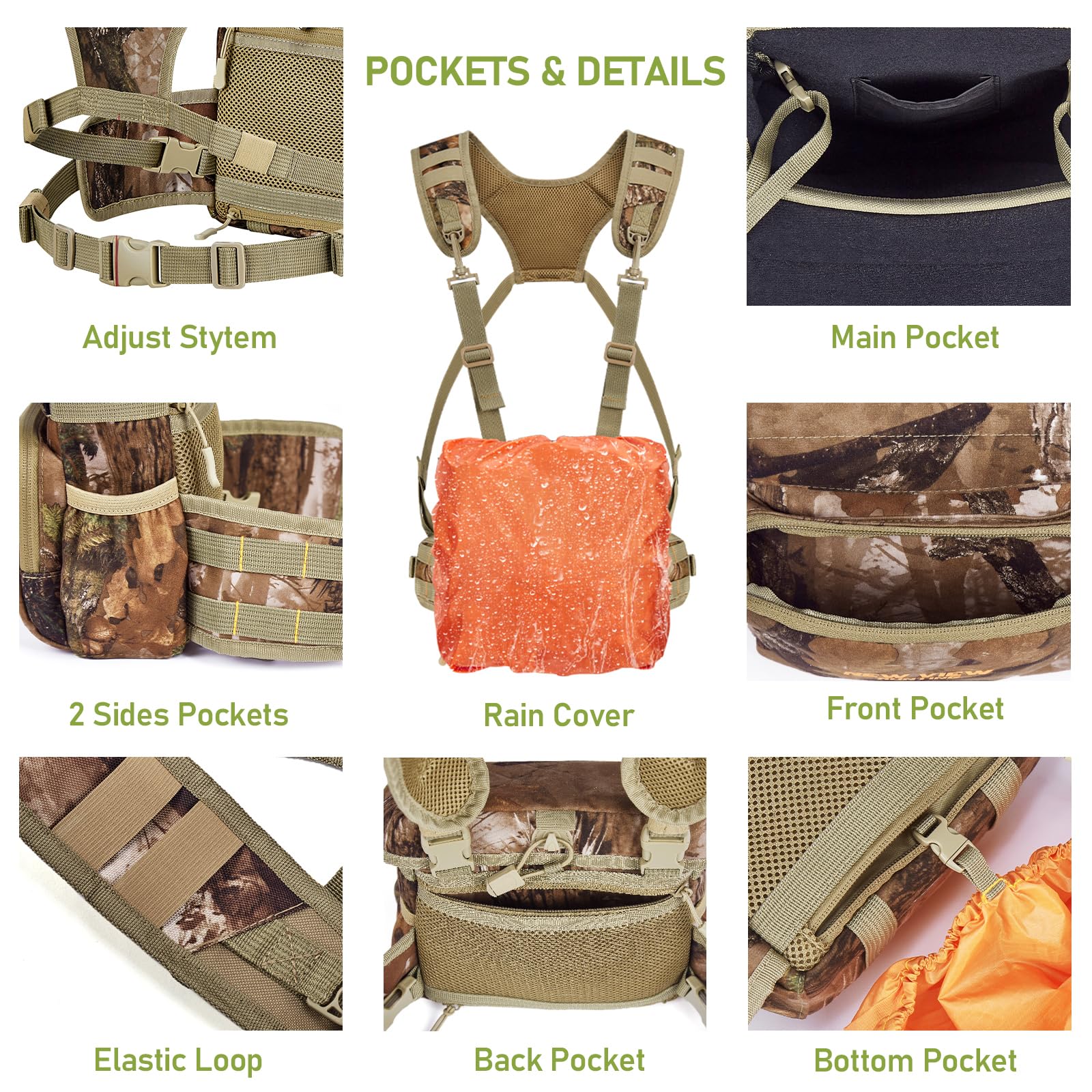 Binocular Harness Chest Pack with Rangefinder Pouch, Compatible with Most Hunting Backpacks, Bino Harness with Rain Cover for Bird Watching, Hunting, Hiking Compatible Version - Image 4