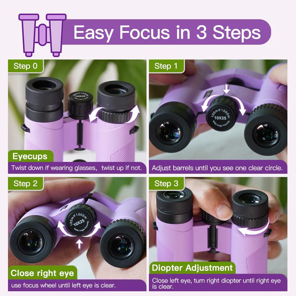 Binoculars for Kids 8-12, 10x25 Kids Binoculars for Nature Exploration, HD Childrens Binocular for Bird Watching, Hiking, Camping, Outdoor Adventure - Purple - Image 8