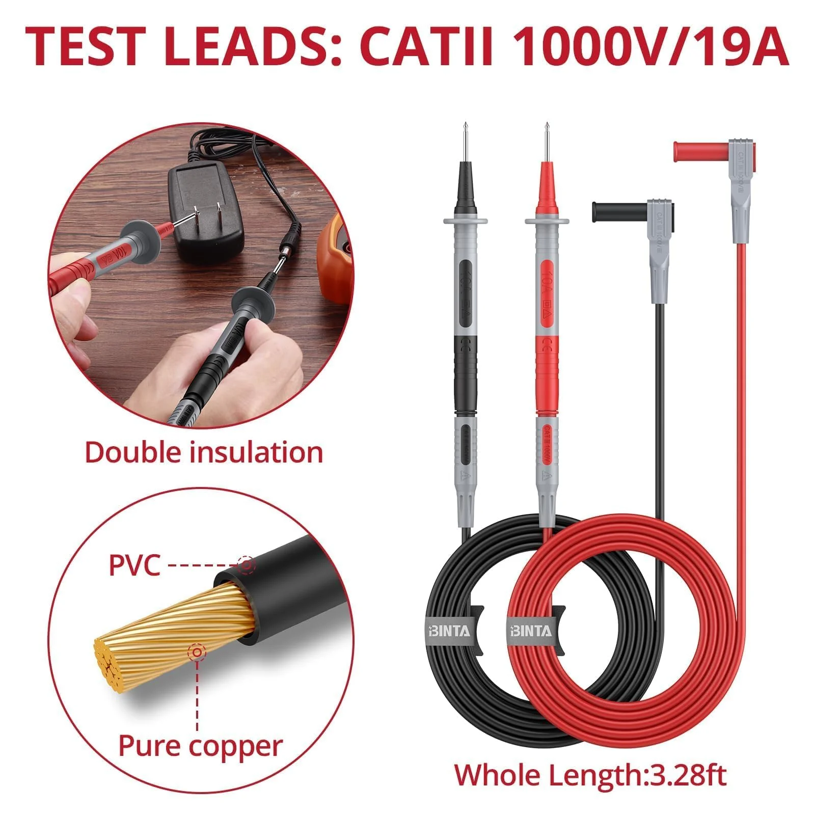 BINTA Silicone Multimeter Test Leads Set with Insulated Test Leads, Alligator Clips, Test Hooks, Test Probes, Test Tweezers, Professional Lead Kit for Digital Multimeter Testing CATII 1000V/ 19A 11PCS - Image 2