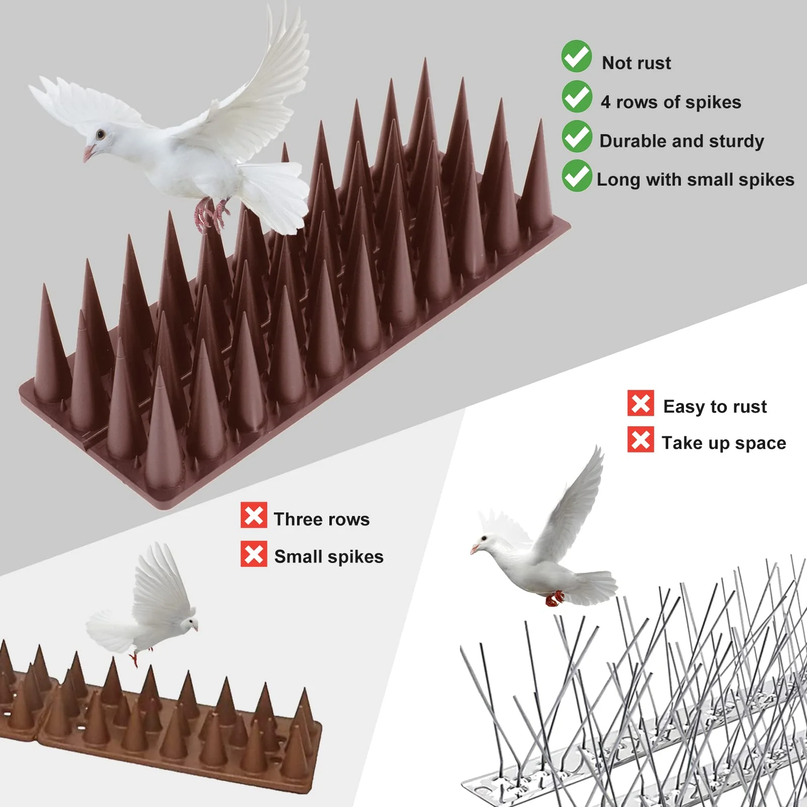 Bird Spikes, 9 Pack Bird Guard Spikes for Squirrel Cat Raccoon and Other Small Animals, Pigeon Spikes for Outdoor Fences and Roofs, Durable Plastic Bird Barrier Strips Brown - Image 3