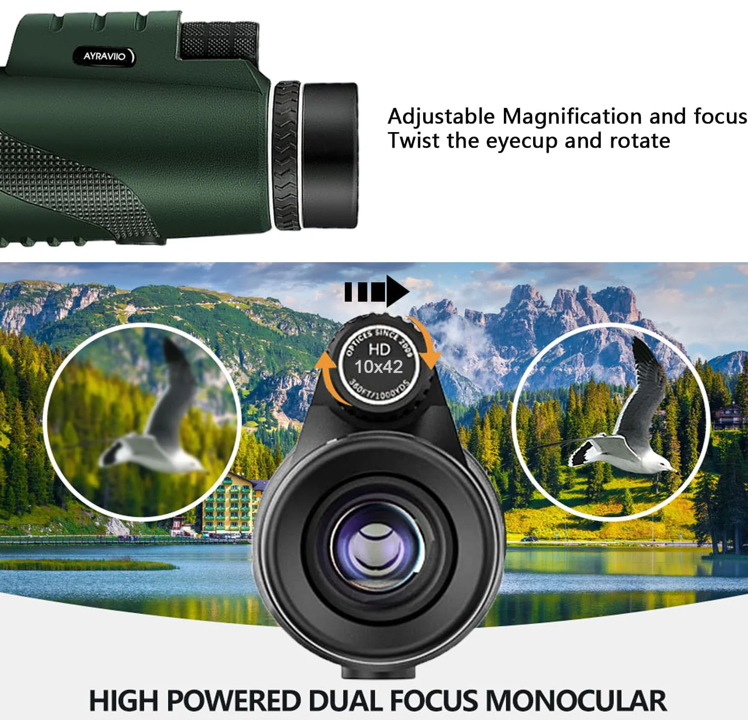 Birthday Gifts for Men Dad Him Husband Teen, 10×42 Monocular Telescope for Adults, High Powered FMC & BAK4 Scope, Compact Monocular, White Elephant Gift, Outdoors Survival Hiking Gear for Adventure GREEN - Image 5