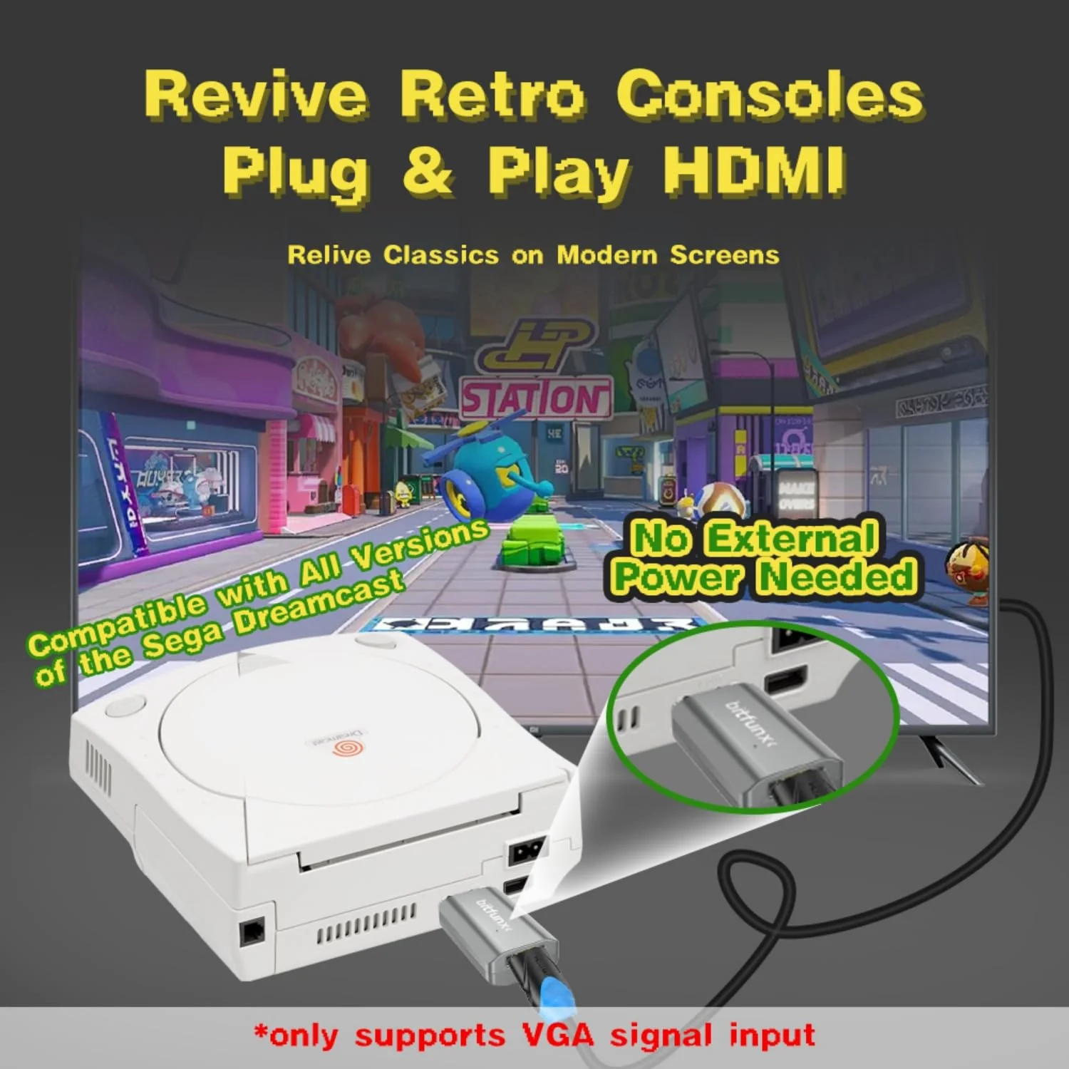 BITFUNX Dreamcast HDMI™ Adapter - Supports VGA to HDMI™, Plug & Play Video Game Adapter with No Lag, Mini HD Video Audio Converter for Dreamcast Game Console All Version - Image 2
