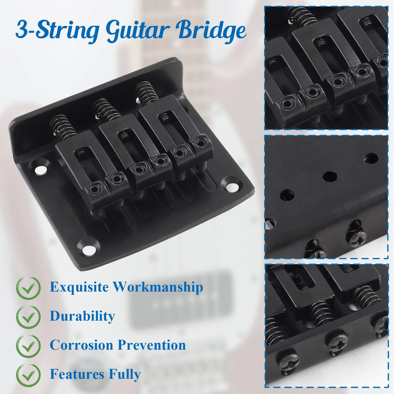Black Adjustable 3 String Guitar Bridge, Metal Fixed Top Load Guitar Tailpiece Guitar Fixed Bridge Hardtail Saddle Bridge Guitar Parts for 3 String Guitar - Image 3