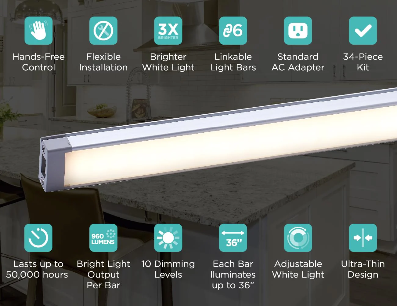 Black+Decker LED Under Cabinet Light Kit, Motion Sensor, Dimmable, Linkable, 3 Color Settings, Tool-Free, for Kitchen, Cabinets and Closets, (3) 9" Bars 9 inches 3 Bars - Image 7