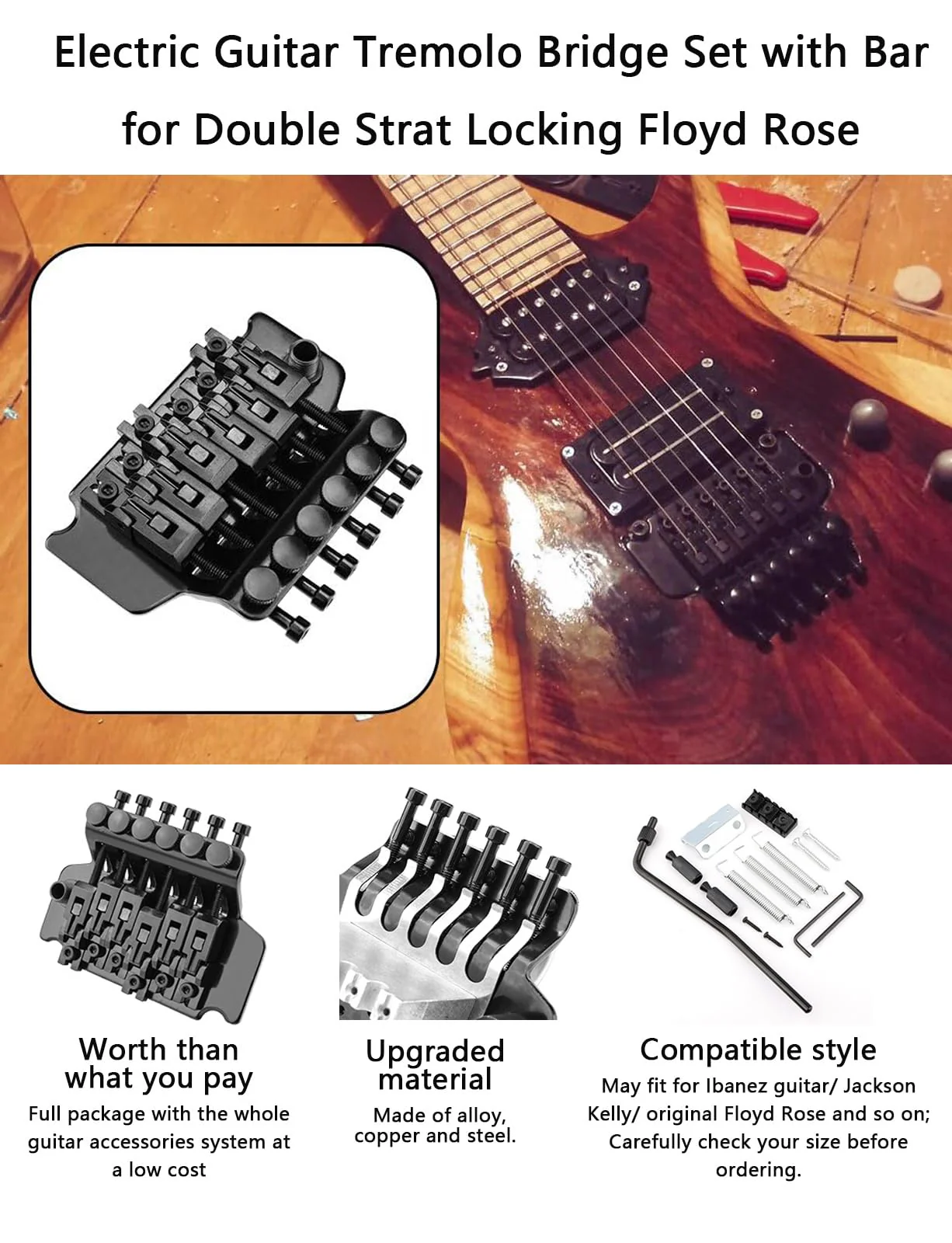 Black Electric Guitar Tremolo Bridge with Bar Double Strat Locking for Floyd Rose Type black - Image 2