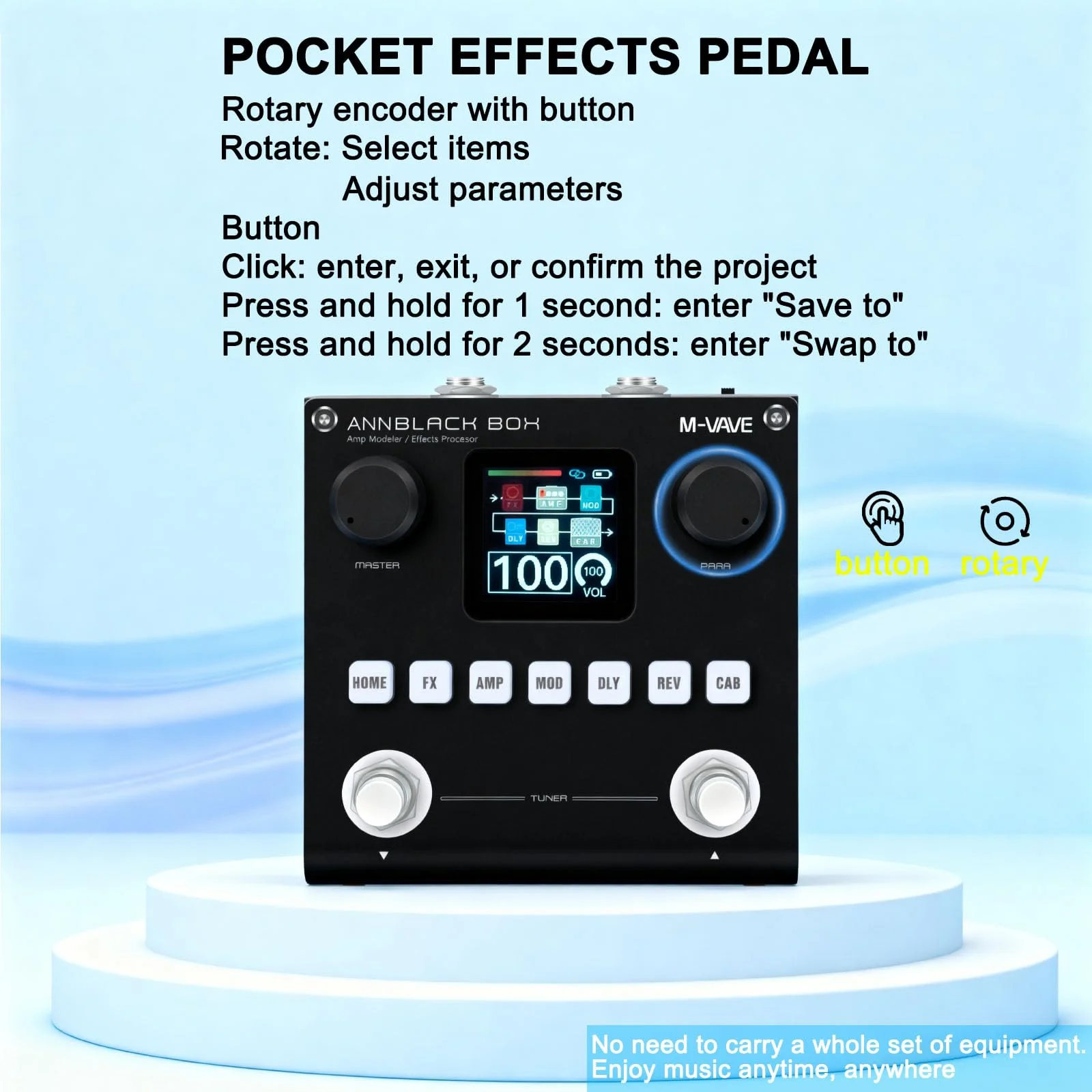 Black Pedal Box Portable Multi-Effects Guitar/Bass Amplifier Modeler with 6 Effects Modules, 80 Editable Presets & Rechargeable Battery - Image 2