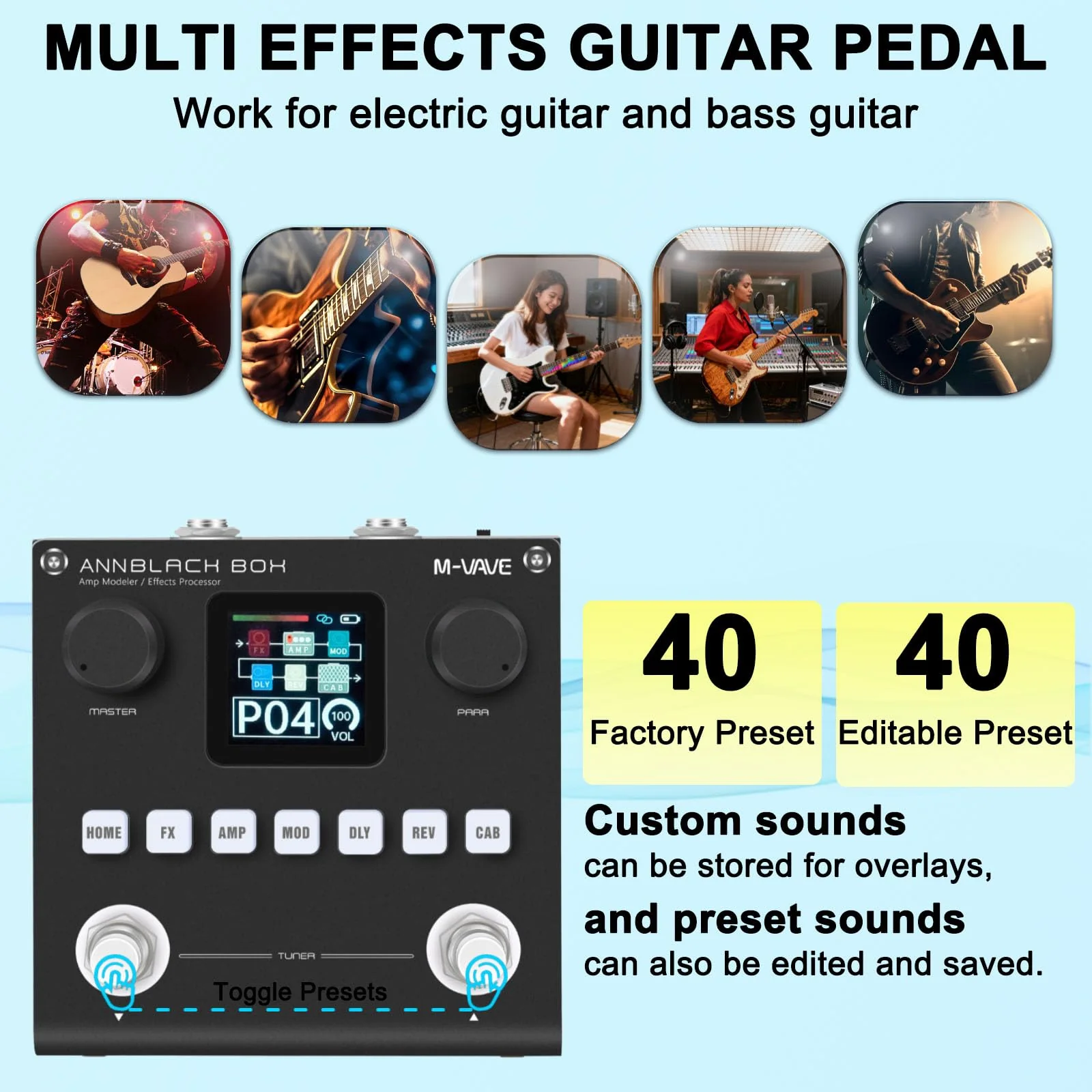 Black Pedal Box Portable Multi-Effects Guitar/Bass Amplifier Modeler with 6 Effects Modules, 80 Editable Presets & Rechargeable Battery - Image 3