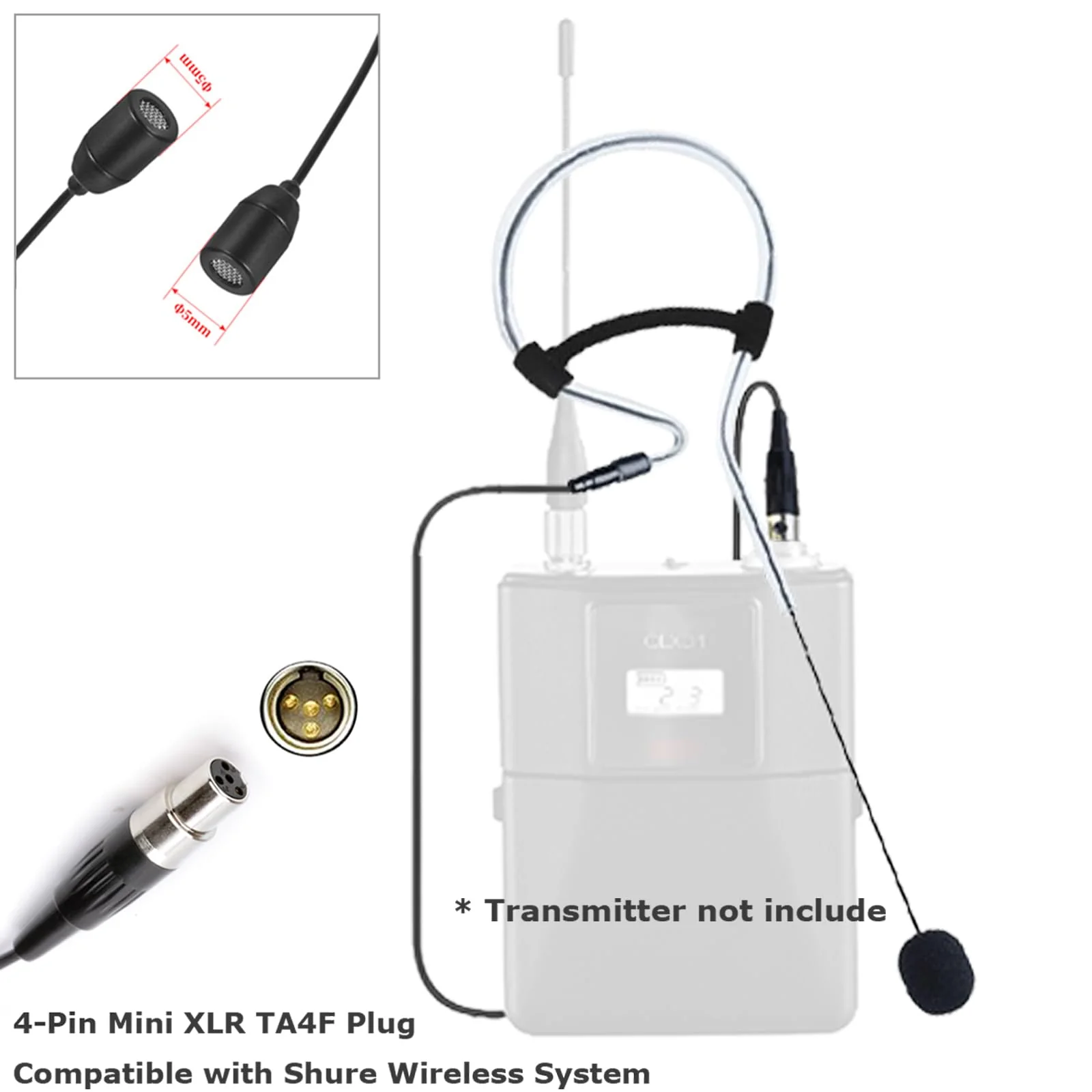 Black Single Earset Headset Microphone Headworn Over Ear Hanging Condenser Mic Compatible with Shure Wireless Bodypack Transmitter System with Mini XLR 4 Pin TA4F Plug Mini XLR TA4F Plug Compatible with Shure Only - Image 6