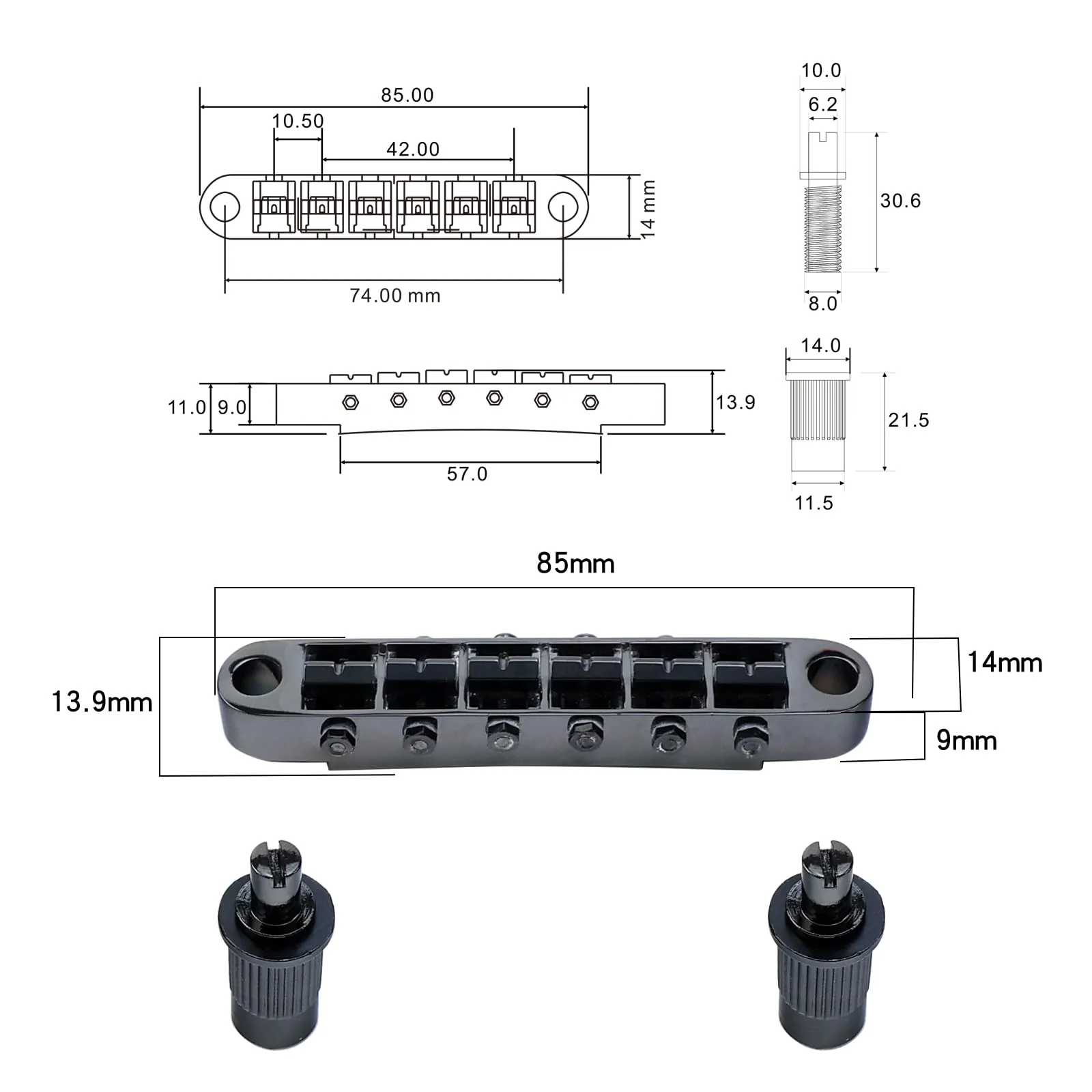 Black Tune-O-Matic Guitar Bridge and Stop Bar Tailpiece Combo M8 Metric Thread 6 String Fixed Bridge Compatible with Les Paul LP SG Style Electric Guitar Replacement Parts Black - Image 6