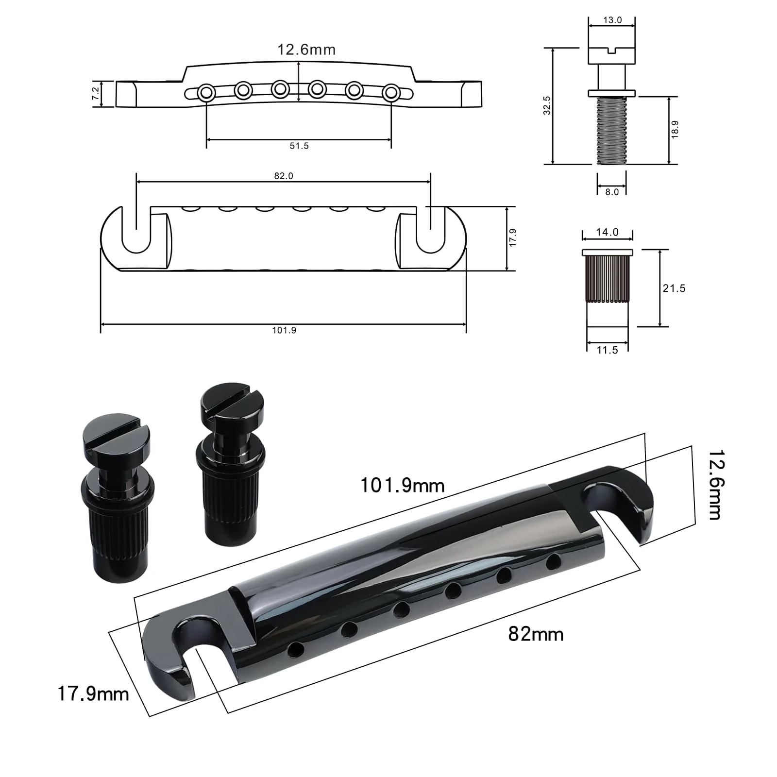 Black Tune-O-Matic Guitar Bridge and Stop Bar Tailpiece Combo M8 Metric Thread 6 String Fixed Bridge Compatible with Les Paul LP SG Style Electric Guitar Replacement Parts Black - Image 7