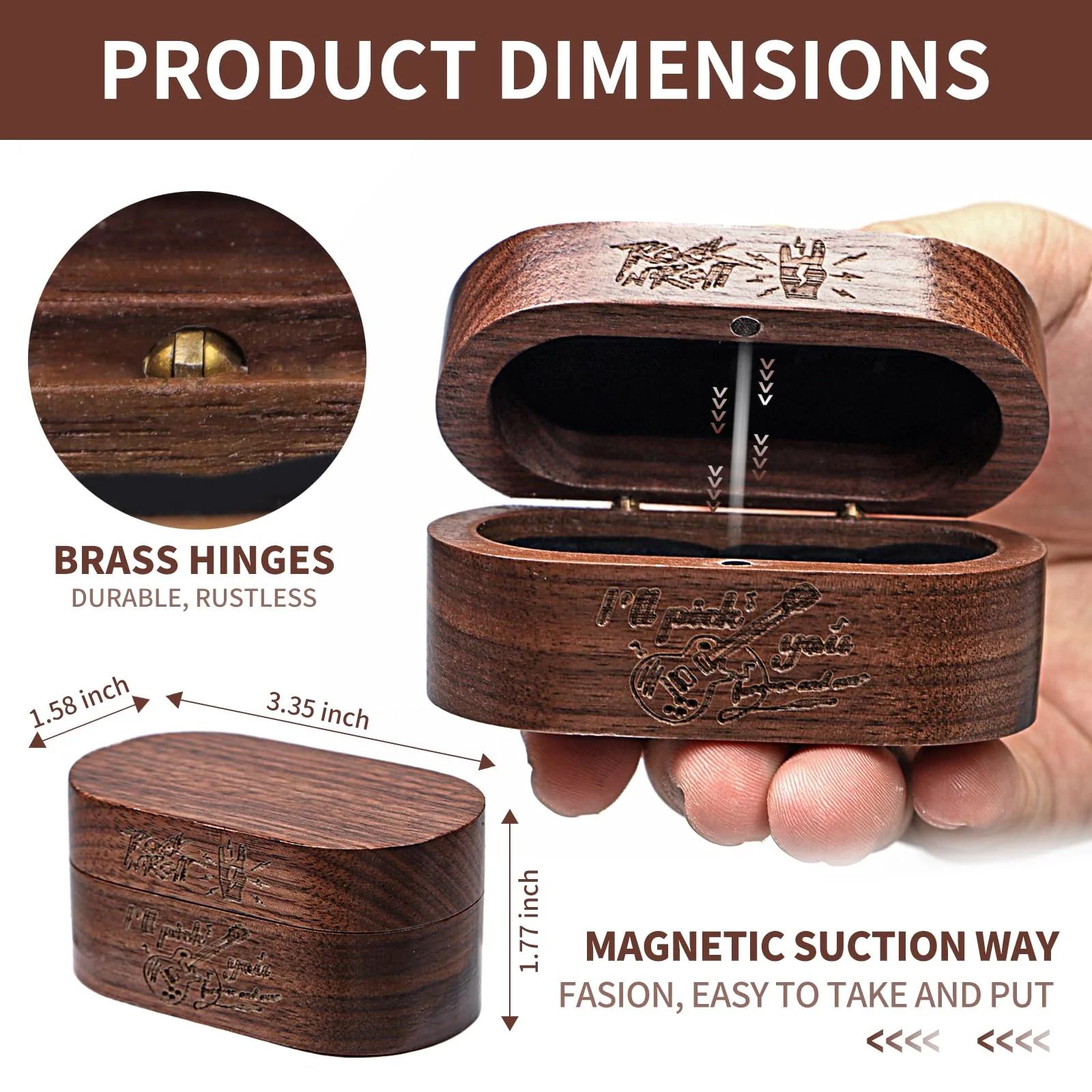 Black Walnut Guitar Pick Holder, with 1 Wooden Pick & 6 Celluloid Picks in 3 Thicknesses Cool Exquisite Guitar Accessories Gifts for Musicians, Rock and Roll, Him, Husband, Boyfriend, Teens - Image 2
