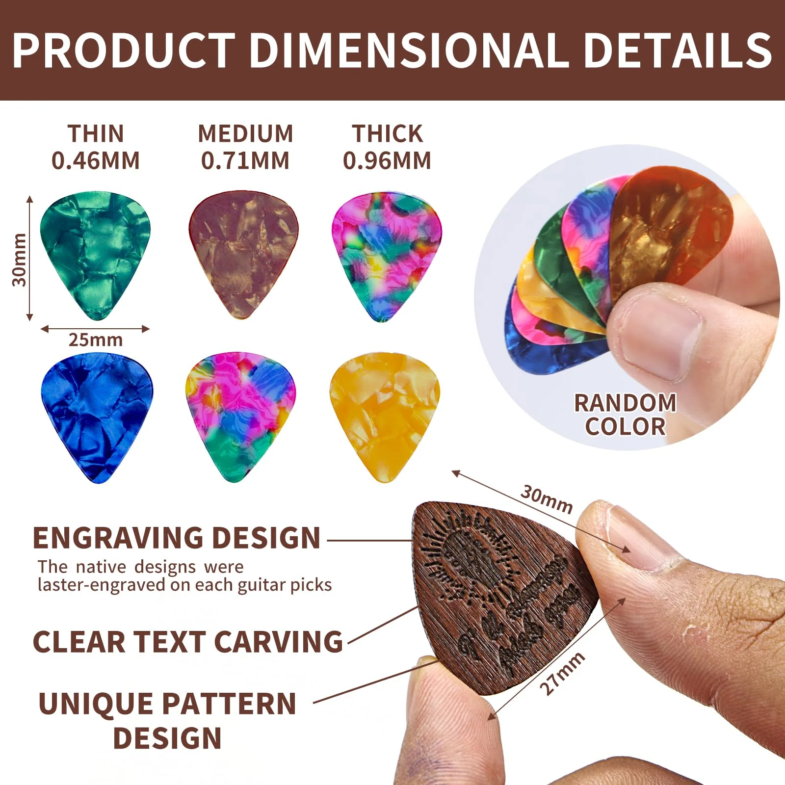 Black Walnut Guitar Pick Holder, with 1 Wooden Pick & 6 Celluloid Picks in 3 Thicknesses Cool Exquisite Guitar Accessories Gifts for Musicians, Rock and Roll, Him, Husband, Boyfriend, Teens - Image 3