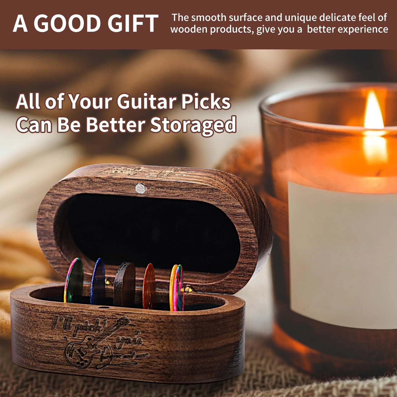 Black Walnut Guitar Pick Holder, with 1 Wooden Pick & 6 Celluloid Picks in 3 Thicknesses Cool Exquisite Guitar Accessories Gifts for Musicians, Rock and Roll, Him, Husband, Boyfriend, Teens - Image 4