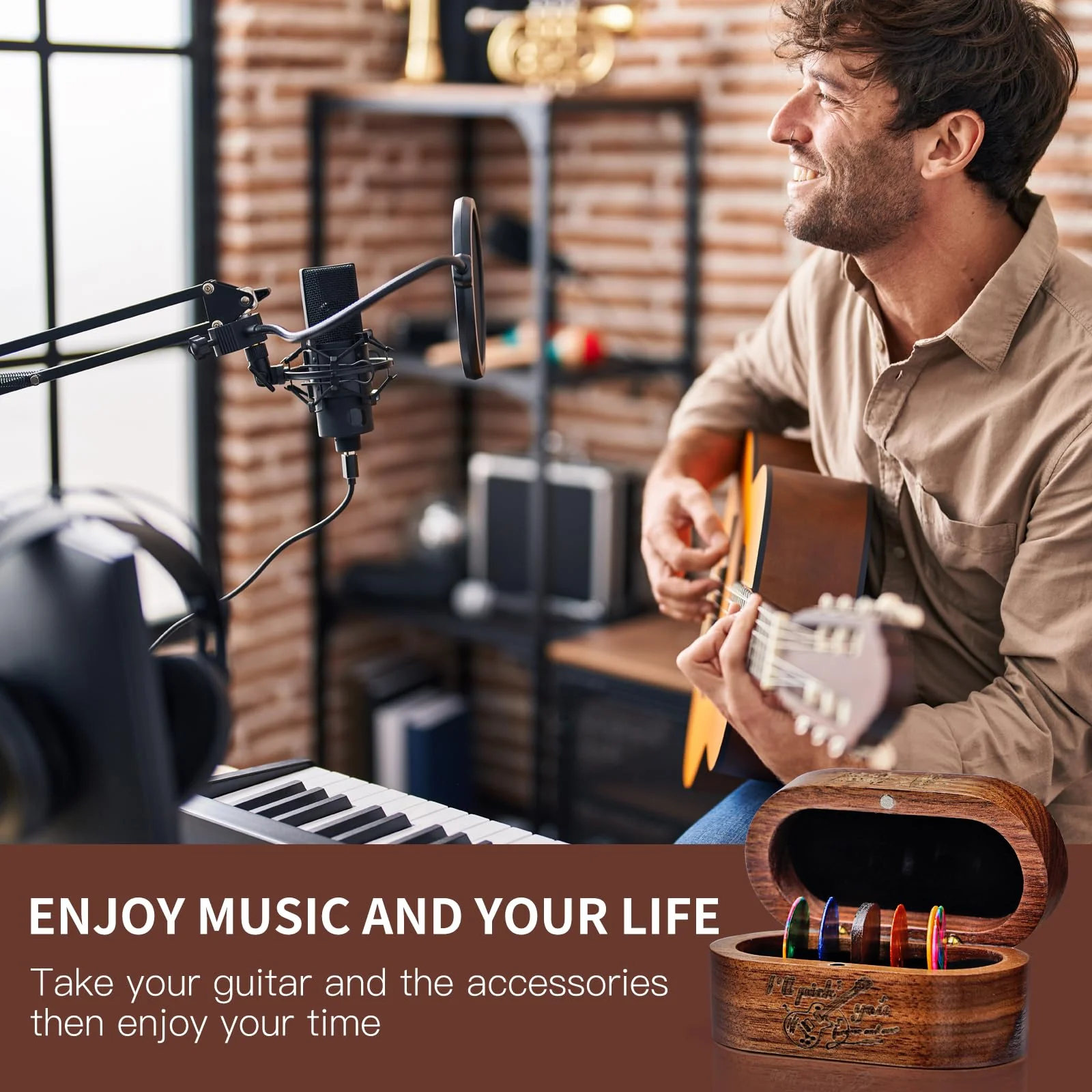 Black Walnut Guitar Pick Holder, with 1 Wooden Pick & 6 Celluloid Picks in 3 Thicknesses Cool Exquisite Guitar Accessories Gifts for Musicians, Rock and Roll, Him, Husband, Boyfriend, Teens - Image 6
