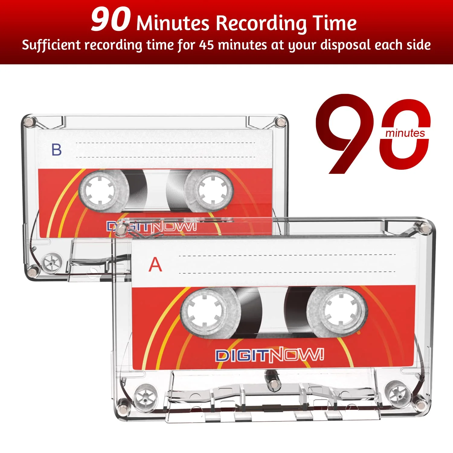 Blank Audio Cassette Tape - 90 Minutes Recording Time - Low Noise and High Output - Dictation, MP3 Recording to Blank Tape - Pack of 5 - Image 2