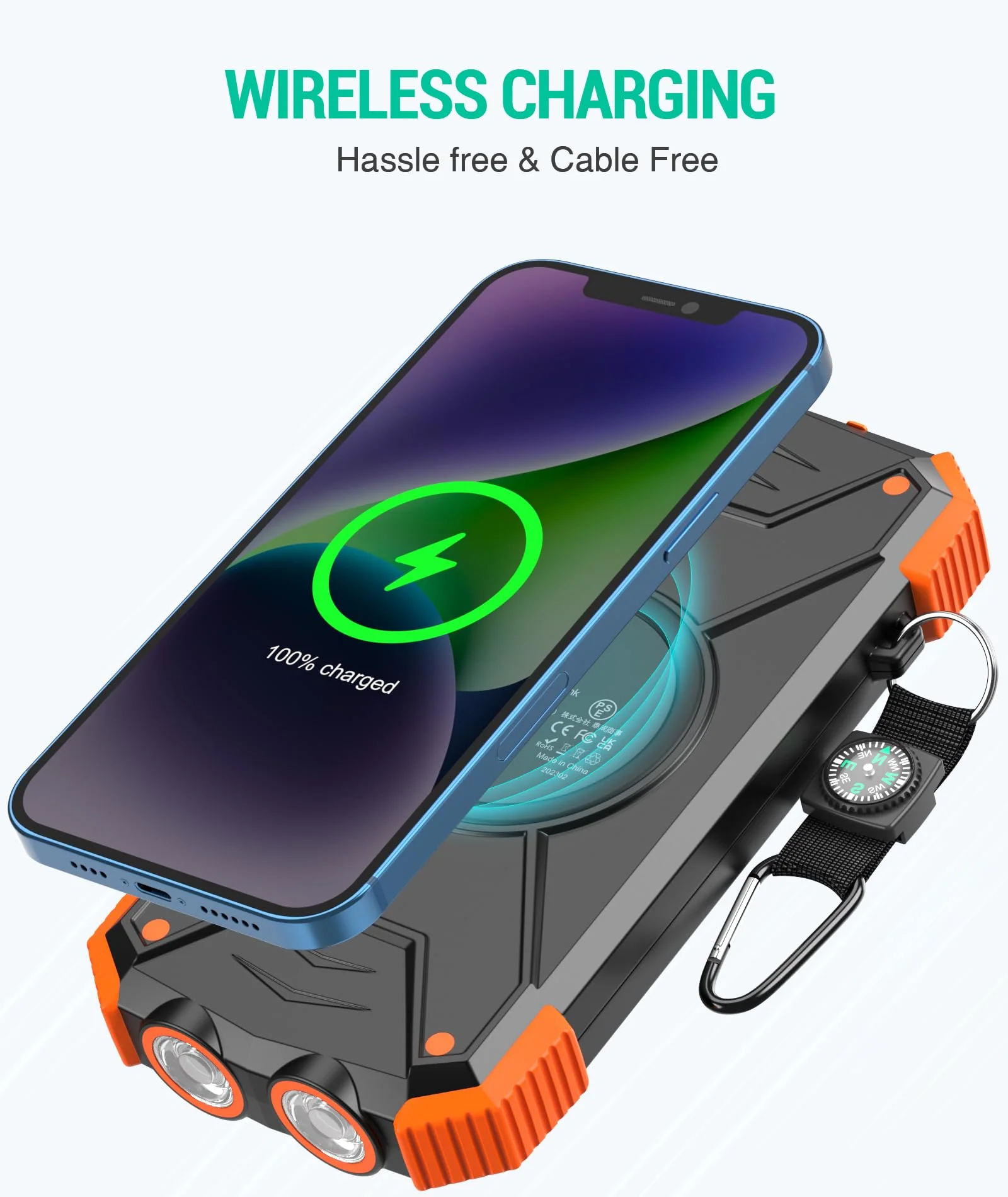 BLAVOR Solar Power Bank 10,000mAh, Portable Wireless Charger, 20W Fast Charging External Battery Pack with USB C for Cell Phones, Solar Panel Charging with Dual Flashlight for Camping Orange - Image 2