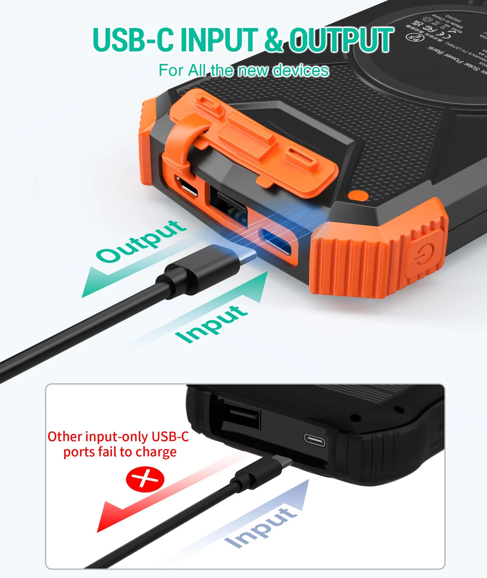BLAVOR Solar Power Bank 10,000mAh, Portable Wireless Charger, 20W Fast Charging External Battery Pack with USB C for Cell Phones, Solar Panel Charging with Dual Flashlight for Camping Orange - Image 4