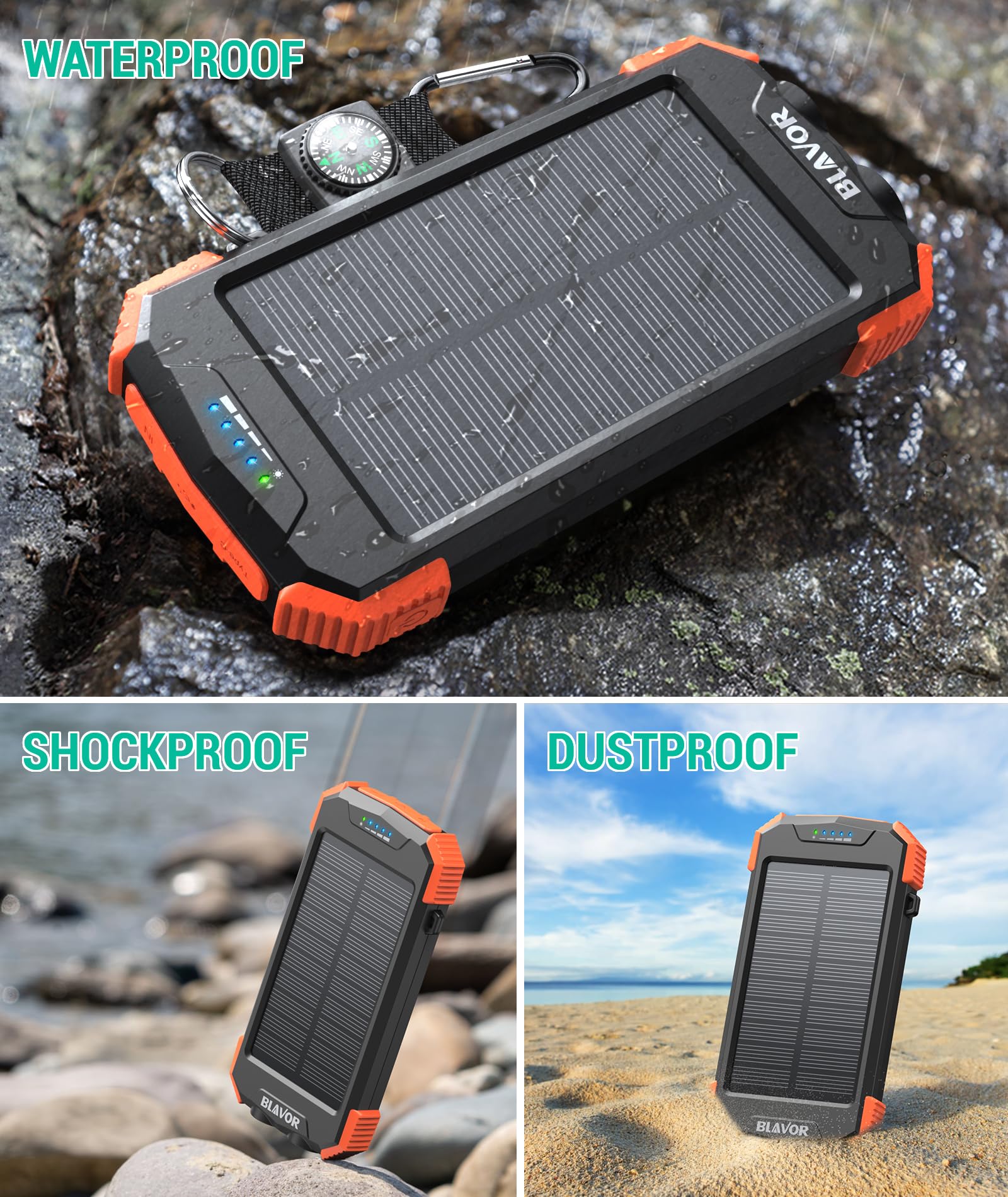BLAVOR Solar Power Bank 10,000mAh, Portable Wireless Charger, 20W Fast Charging External Battery Pack with USB C for Cell Phones, Solar Panel Charging with Dual Flashlight for Camping Orange - Image 6