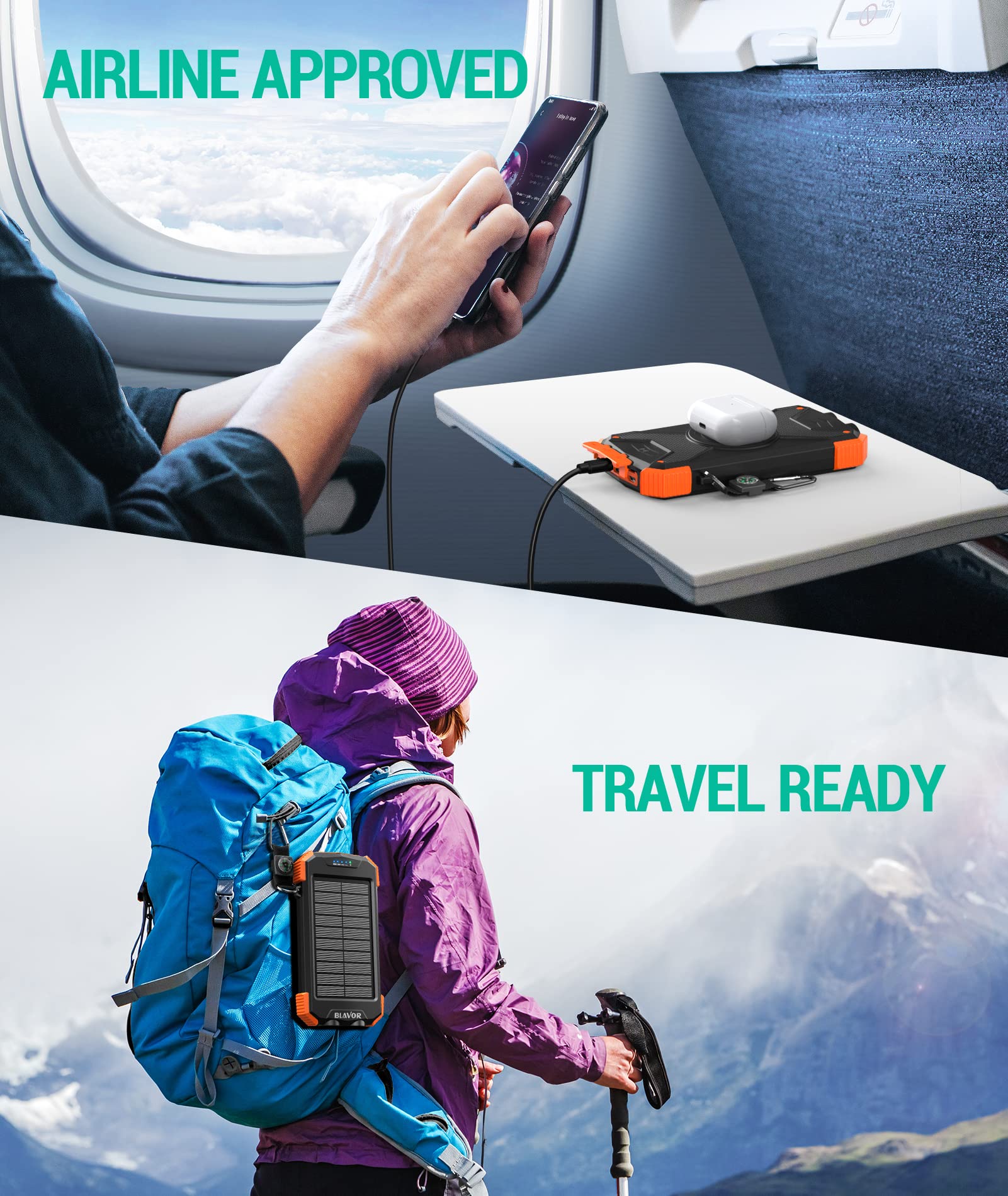 BLAVOR Solar Power Bank 10,000mAh, Portable Wireless Charger, 20W Fast Charging External Battery Pack with USB C for Cell Phones, Solar Panel Charging with Dual Flashlight for Camping Orange - Image 8