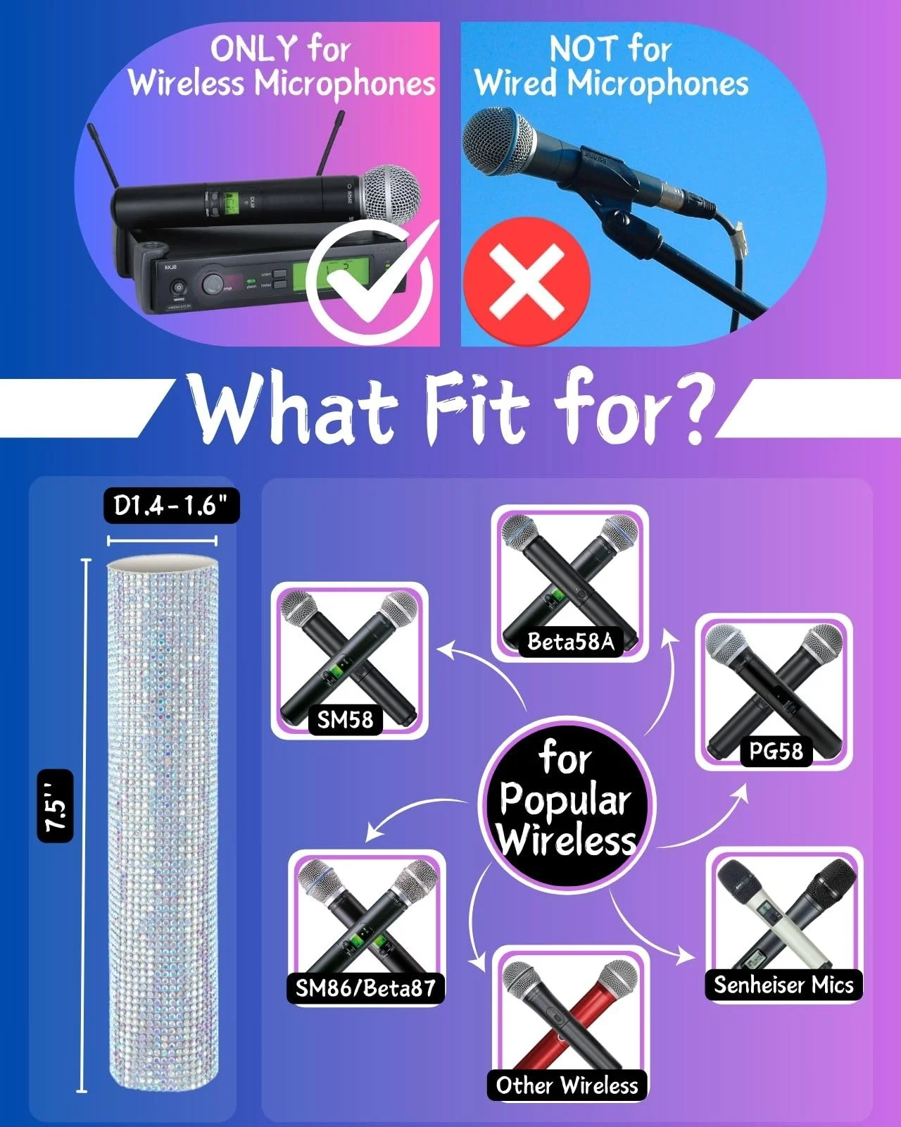Bling Wireless Microphone Decorate for Universal Handheld and Beta58 SM58 Beta87 PG58, Eyes Catching for Event (Mic NOT Included) Multi Crystal - Image 2