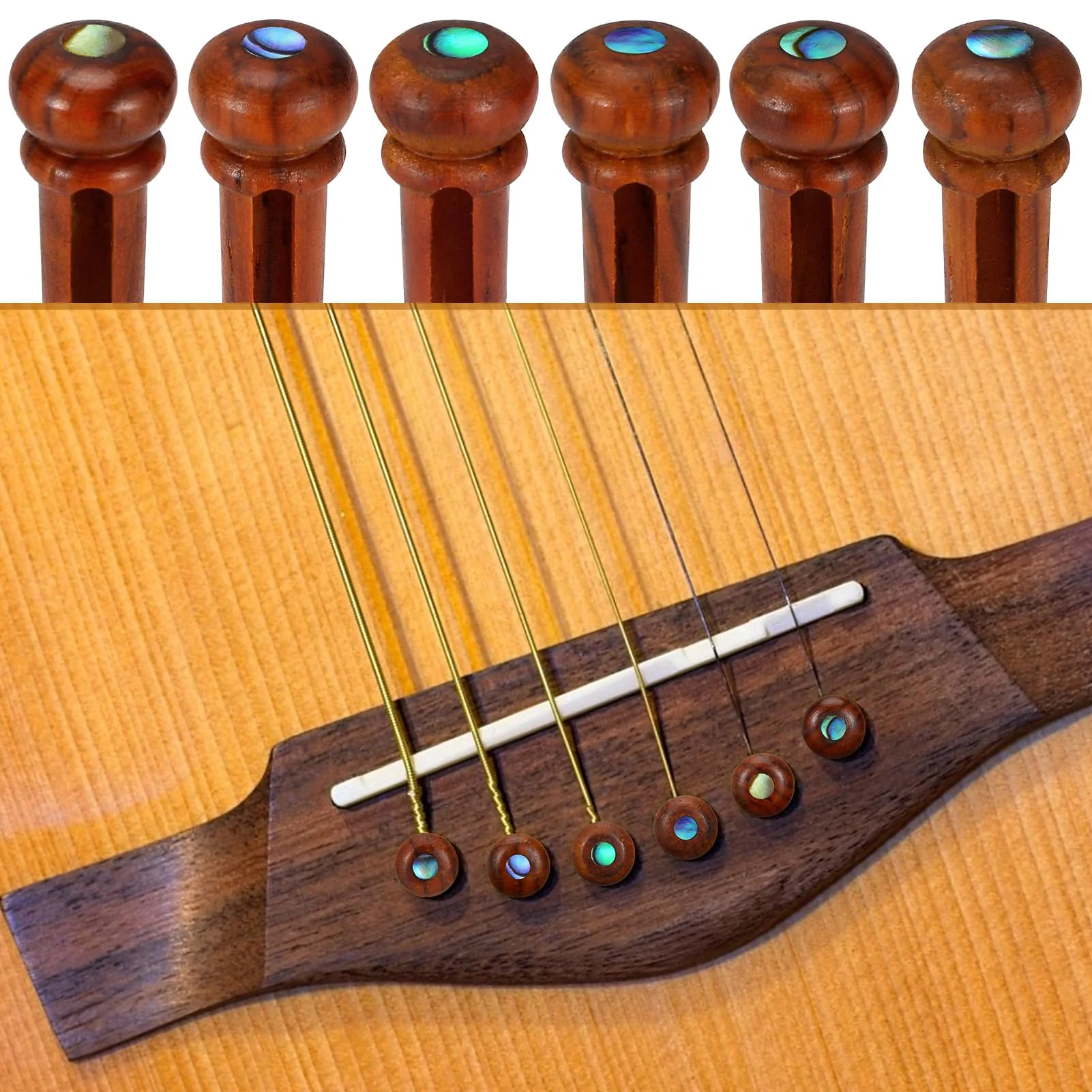 Blisstime 6pcs Rosewood Guitar Bridge Pins Inlaid Abalone Dot Acoustic Guitar Replacement Parts (yellow brown) yellow brown - Image 4