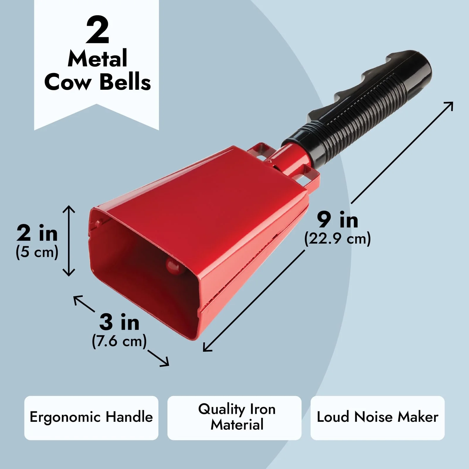 BLUE PANDA 2 Pack 9-inch Cowbells for Sporting Events, Percussion Noise Makers with Handle for Football Games, Stadiums (Red) - Image 4