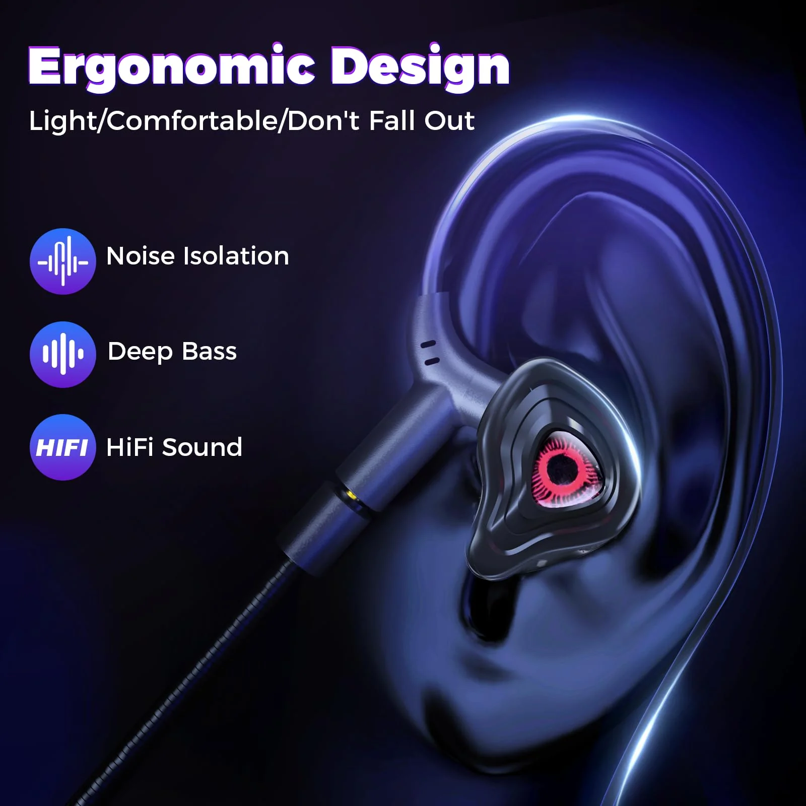 BlueFire Wired Gaming Earbuds with Microphone, Deep Bass in-Ear Monitors Earphones, HiFi Noise Cancelling Headphones for Music Gaming Video Calling - Image 2