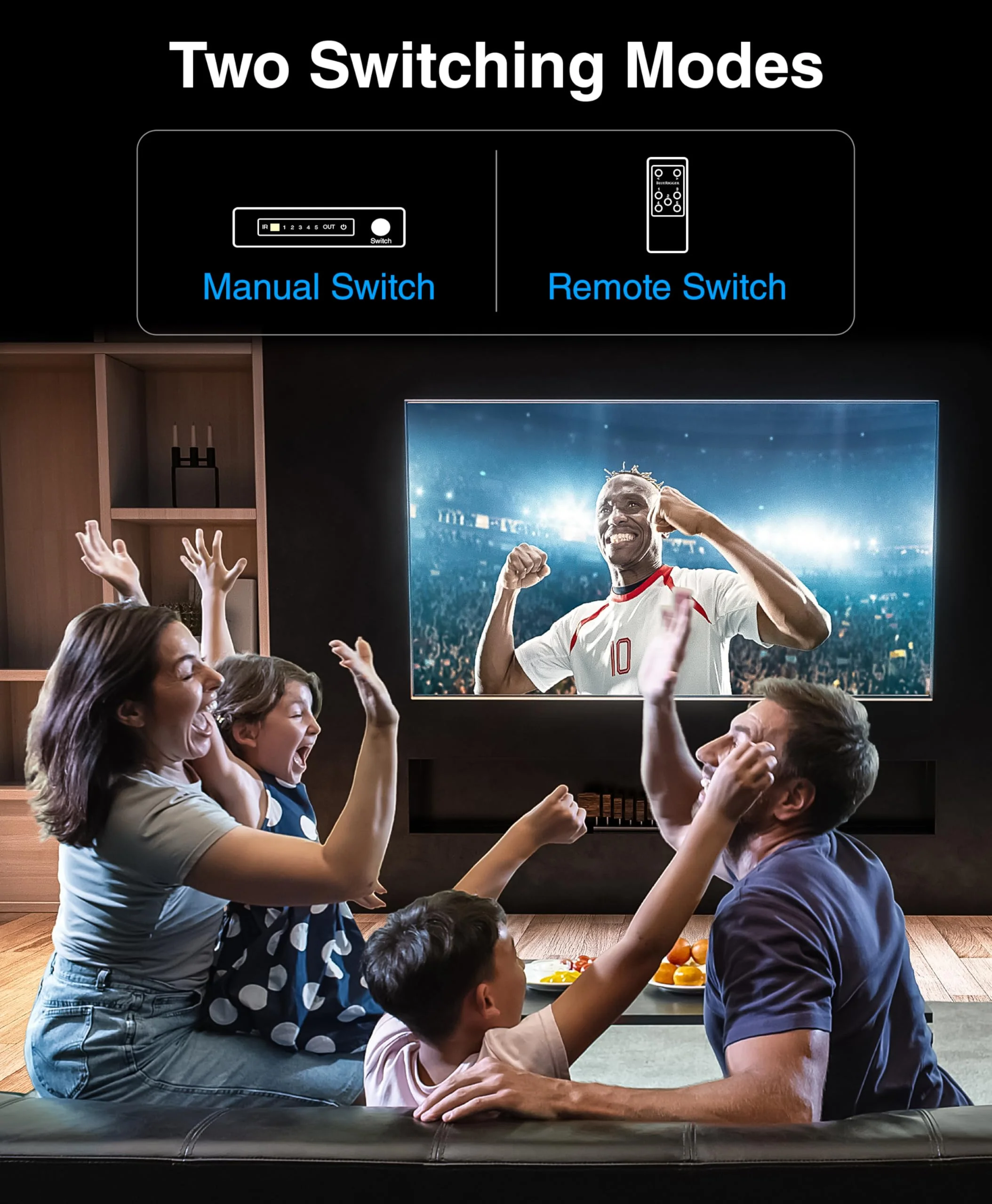 BlueRigger 4K HDMI Switch 5 in 1 Out (4K 60Hz, 5 Port Video Switcher, HDMI Hub, HDR10+, 18Gbps, Selector Box with IR Remote) – Compatible with HDTV, PS5, Xbox, Apple TV, Projector, Blu-Ray - Image 4