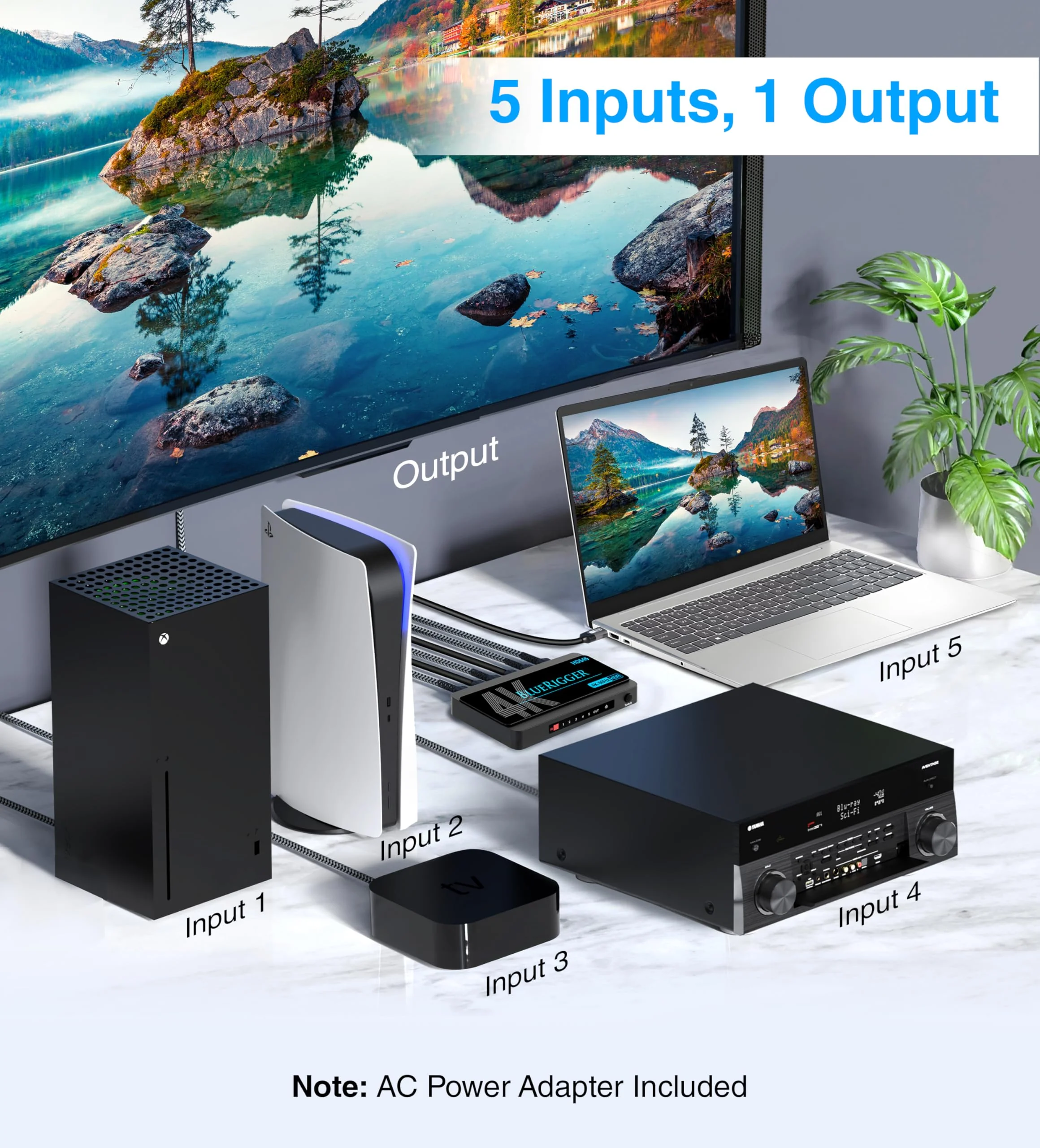 BlueRigger 4K HDMI Switch 5 in 1 Out (4K 60Hz, 5 Port Video Switcher, HDMI Hub, HDR10+, 18Gbps, Selector Box with IR Remote) – Compatible with HDTV, PS5, Xbox, Apple TV, Projector, Blu-Ray - Image 5