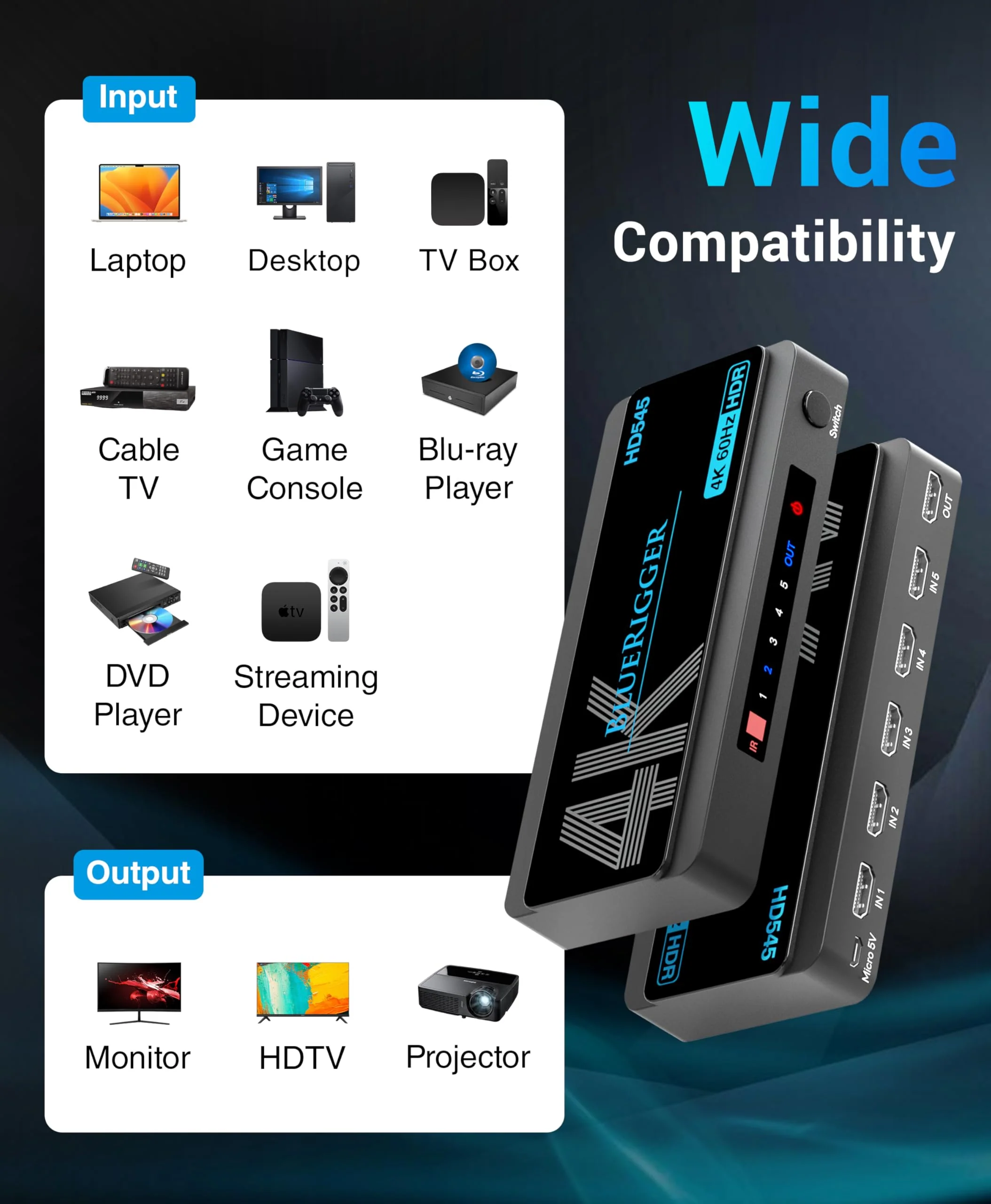 BlueRigger 4K HDMI Switch 5 in 1 Out (4K 60Hz, 5 Port Video Switcher, HDMI Hub, HDR10+, 18Gbps, Selector Box with IR Remote) – Compatible with HDTV, PS5, Xbox, Apple TV, Projector, Blu-Ray - Image 6