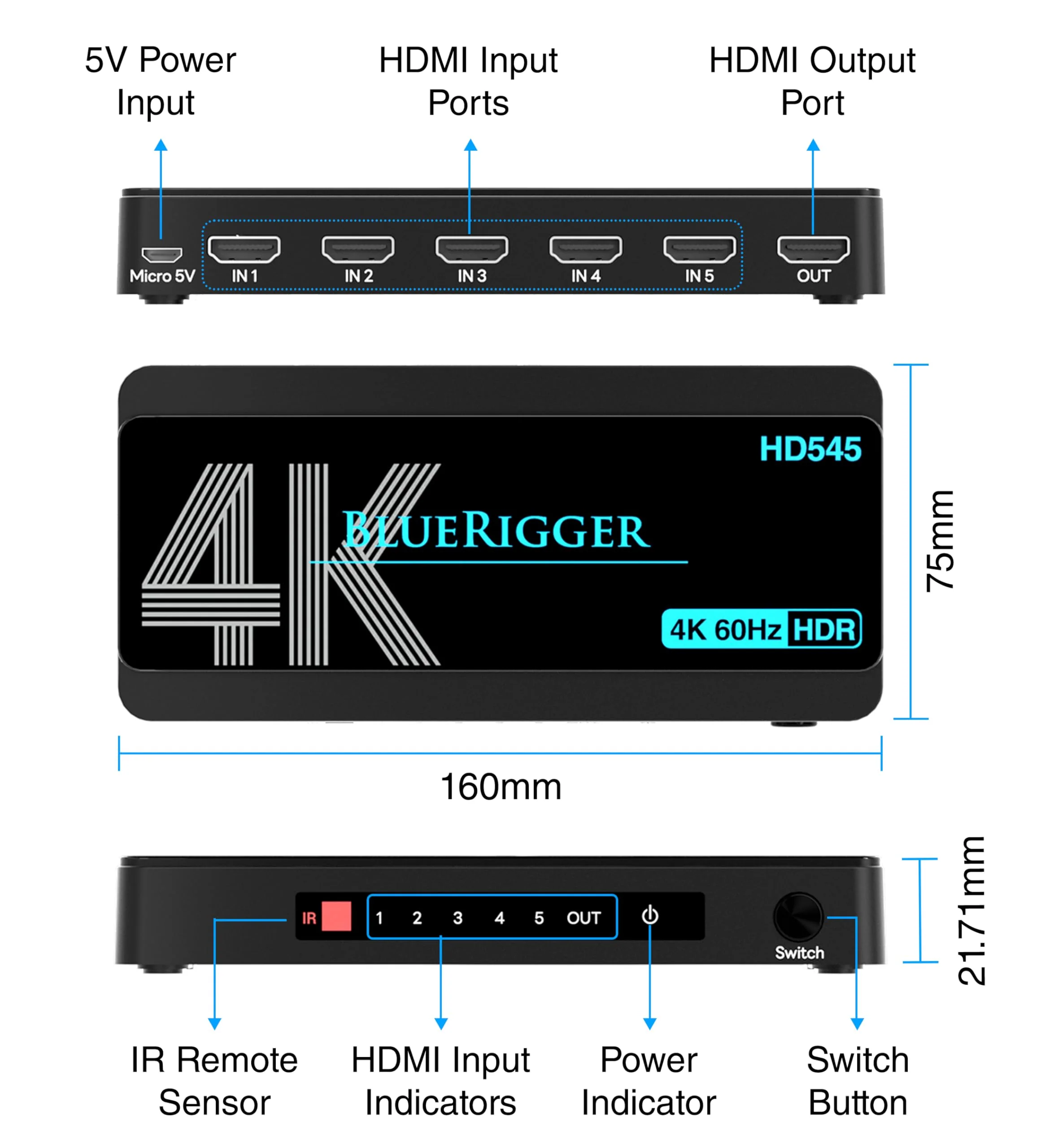 BlueRigger 4K HDMI Switch 5 in 1 Out (4K 60Hz, 5 Port Video Switcher, HDMI Hub, HDR10+, 18Gbps, Selector Box with IR Remote) – Compatible with HDTV, PS5, Xbox, Apple TV, Projector, Blu-Ray - Image 8