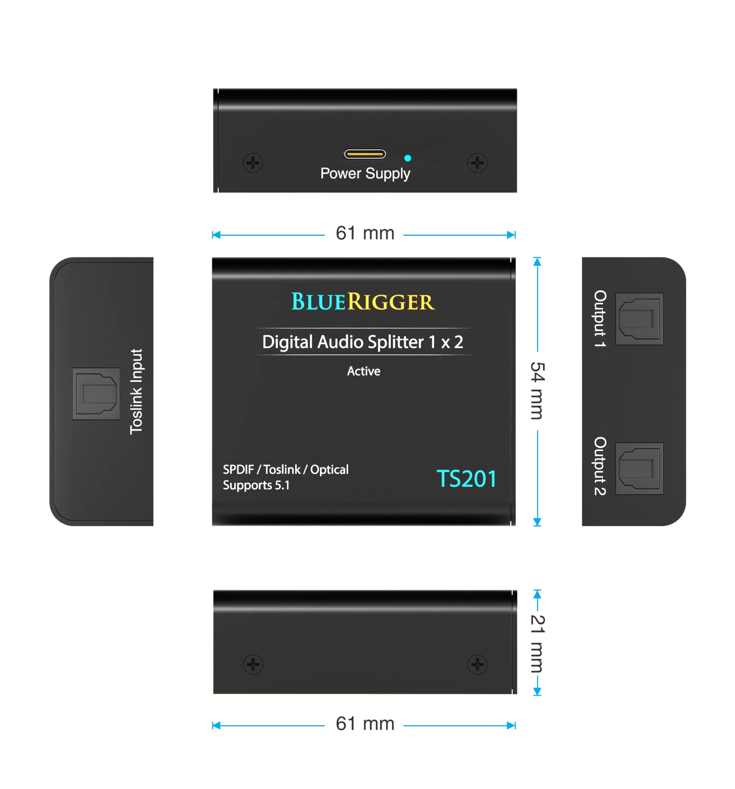 BlueRigger Digital Optical Audio Splitter (Active Toslink Splitter 1 in 2 Out, SPDIF, Fiber Optic Adapter) - Compatible with Home Theatre, Xbox, PS4, DVD, Receiver, TV, LPCM2.0, DTS, Dolby Digital Active 1x2 - Image 9
