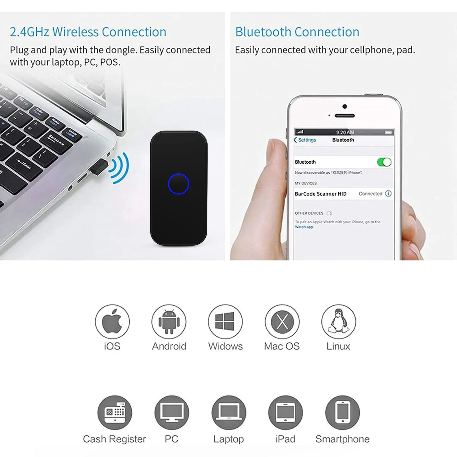 Bluetooth 2D Wireless Barcode Scanner,Symcode 3-in-1 USB Wired & 2.4G Wireless & Bluetooth 4.1 1D QR Image Bar Code Reader Scanner 2D QR Bluetooth Scanner - Image 6