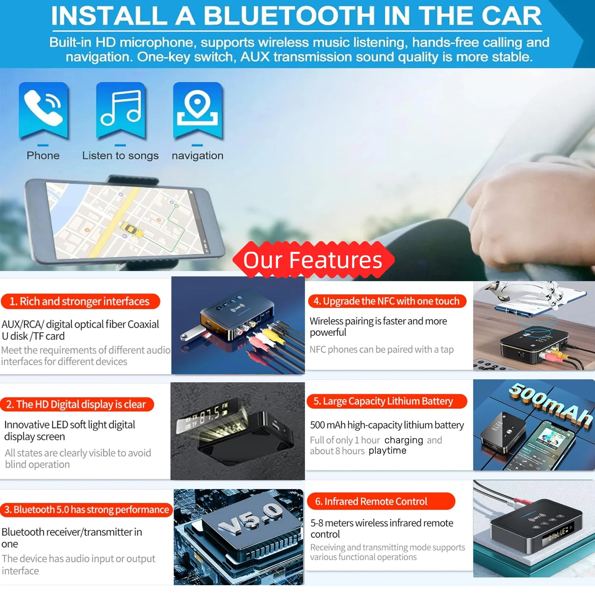 Bluetooth 5.0 Adapter, Bluetooth Transmitter and Receiver for Home Stereo Hi-Fi Audio with 3.5mm, RCA, Coaxial, Optical, NFC, Aptx-LL - for Home, Car, AV Receiver or Amplifier (M6) - Image 2