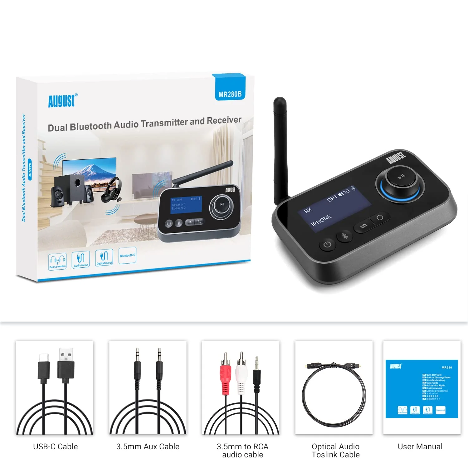 Bluetooth 5.0 Audio Transmitter Receiver Dual Connection for TV Headphones and HiFi Speakers - August MR280 - Multipoint, Low Latency, Stereo, Volume Control, Optical RCA Jack 3.5mm Mains Powered USB - Image 7