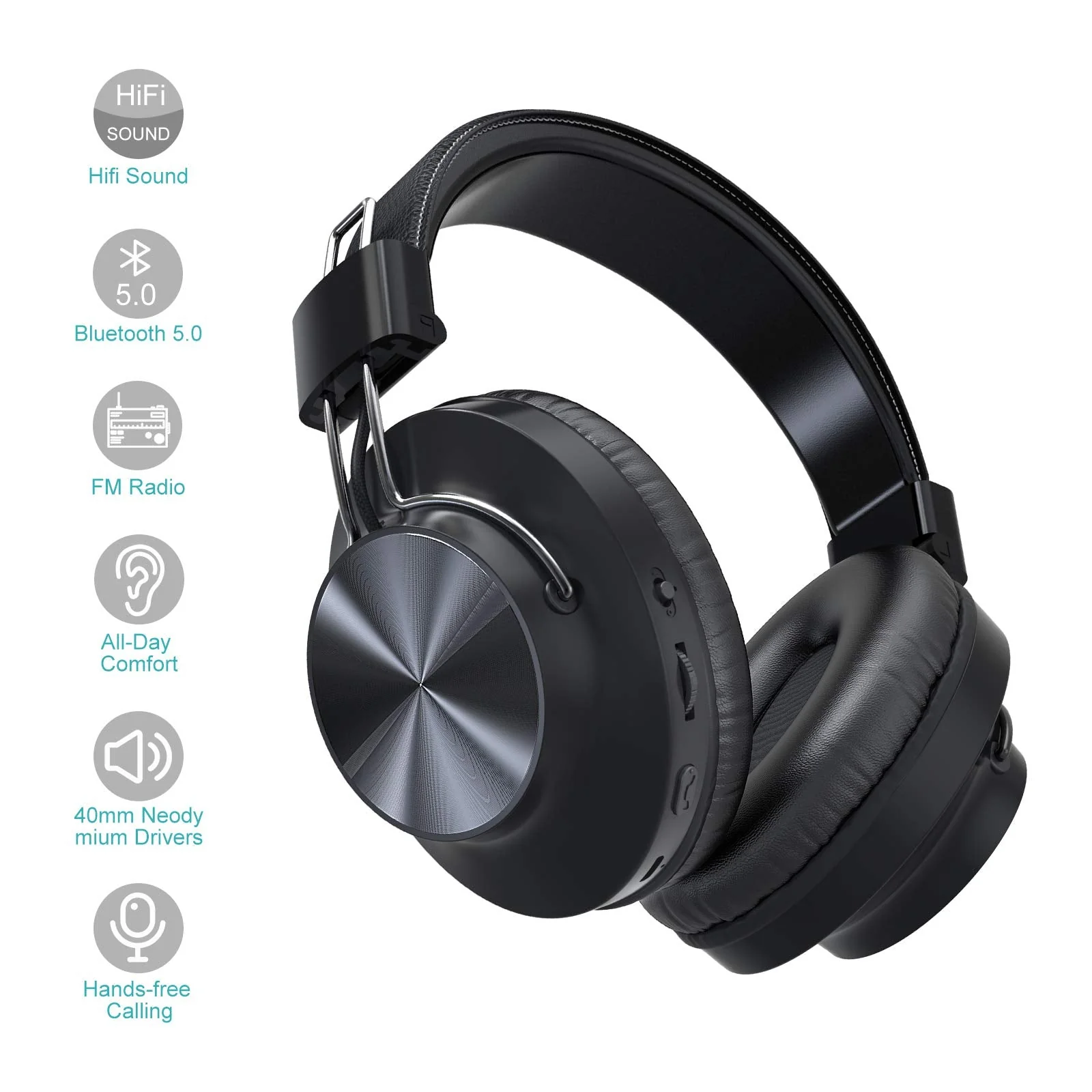 Bluetooth 5.0 Over- Ear Wireless Headphones 30 Hours Battery, FM Radio, MP3 Player, Micro SD/TF with 40mm Deep Bass Drivers, Premium Microphone Built-in Headset, Foldable, Comfortable, Mowing - Image 3