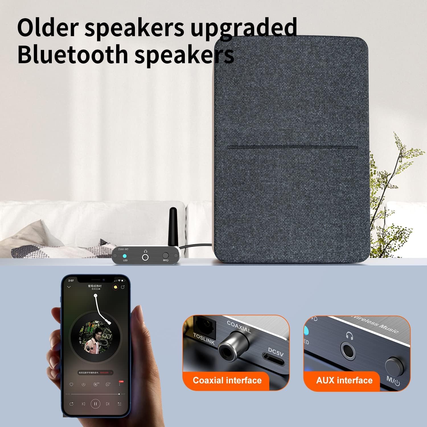 Bluetooth 5.2 Receiver Adapter for Old Home Stereo Receiver Speakers, Wireless Audio Transmitter Receiver for Headphones, Support Aux, Coxial and Optical Outputs - Image 5