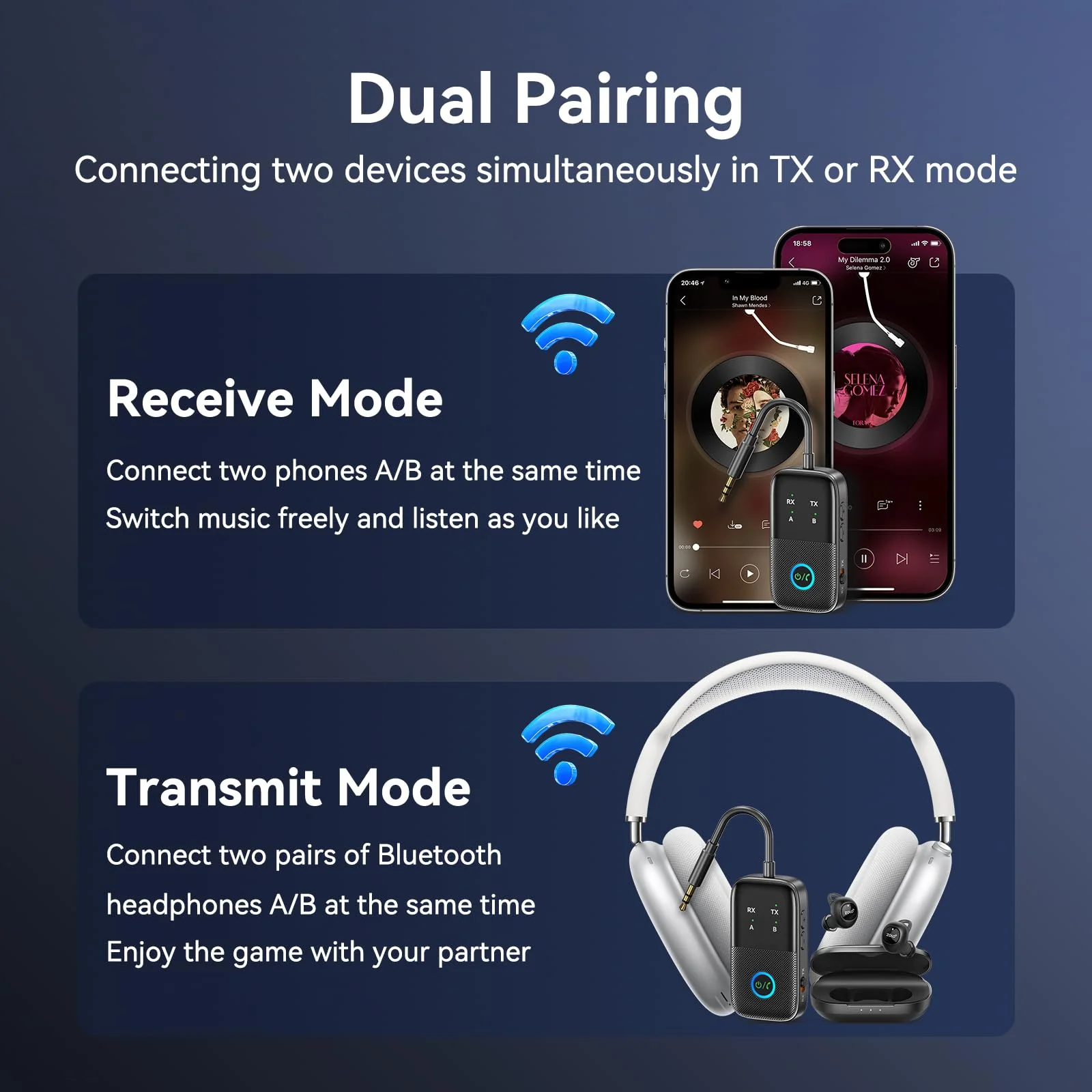 Bluetooth 5.2 Transmitter Receiver aptX Adaptive/Low Latency/HD Bluetooth Adapter Support 2 AirPods Phones, Wireless Audio Receiver 3.5mm Aux Headphone Jack Adapter for Airplane Travel/TV/Home Stereo A5-PRO - Image 3