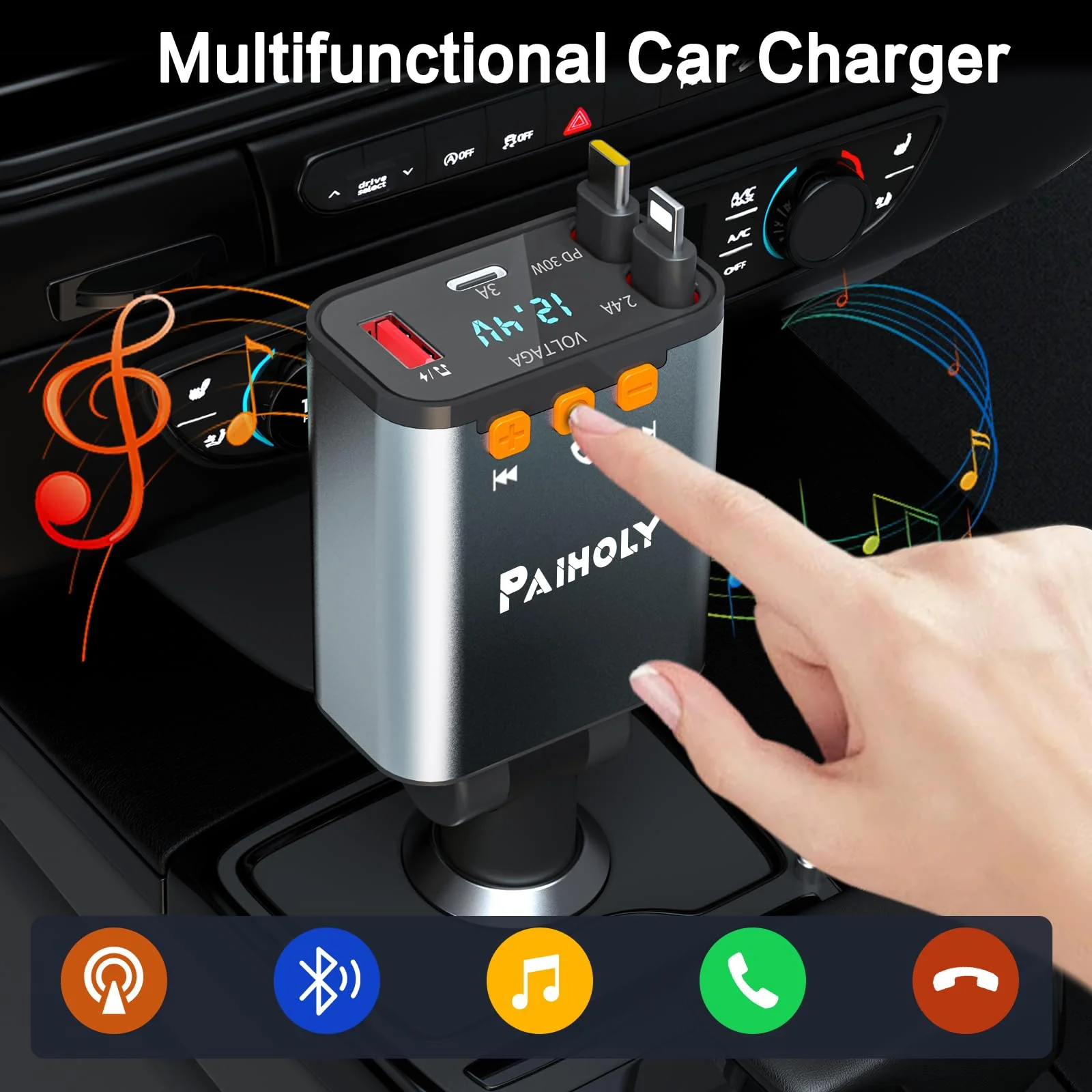 Bluetooth 5.3 Car Adapter, FM Transmitter Bluetooth Car Charger, 4 in 1 Retractable Car Charger, Phone USB C PD Fast Charging Adapter for RV SUV Truck, Fit iPhone 17/16/15/14 (Type C & Lightning) Grey - Image 3