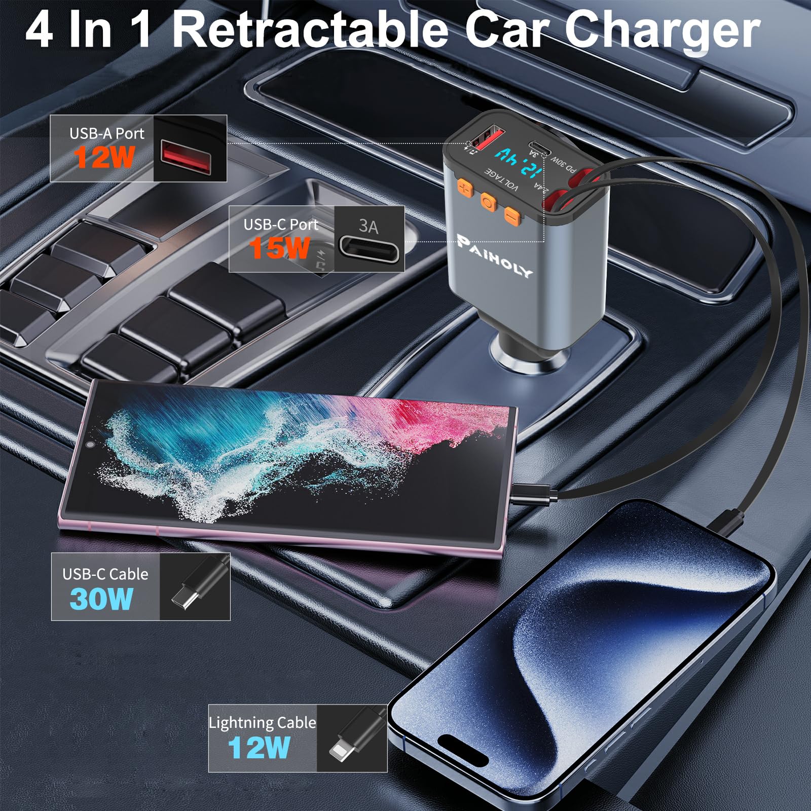 Bluetooth 5.3 Car Adapter, FM Transmitter Bluetooth Car Charger, 4 in 1 Retractable Car Charger, Phone USB C PD Fast Charging Adapter for RV SUV Truck, Fit iPhone 17/16/15/14 (Type C & Lightning) Grey - Image 4