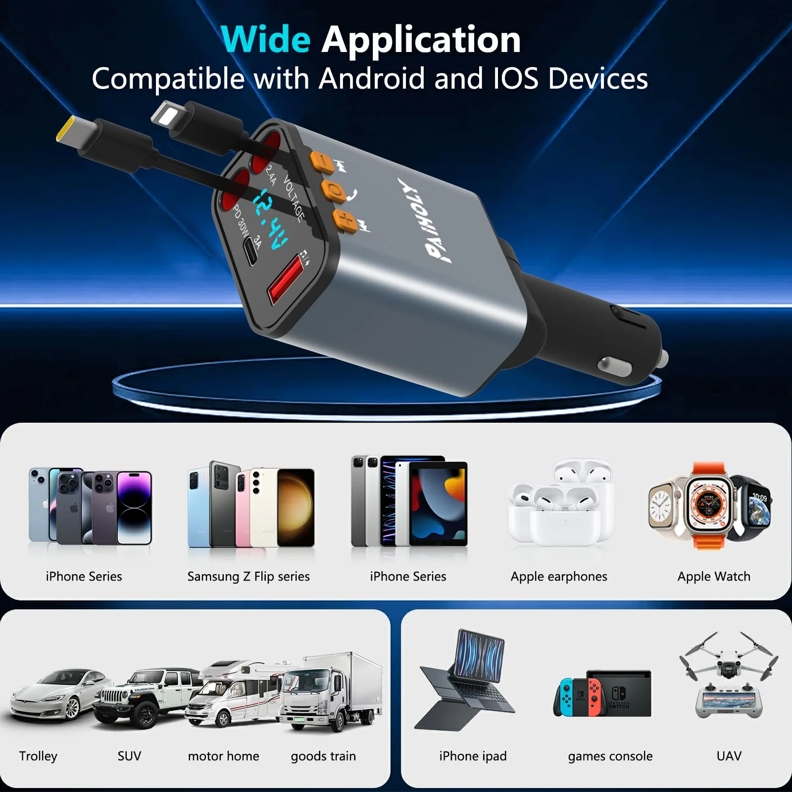 Bluetooth 5.3 Car Adapter, FM Transmitter Bluetooth Car Charger, 4 in 1 Retractable Car Charger, Phone USB C PD Fast Charging Adapter for RV SUV Truck, Fit iPhone 17/16/15/14 (Type C & Lightning) Grey - Image 7