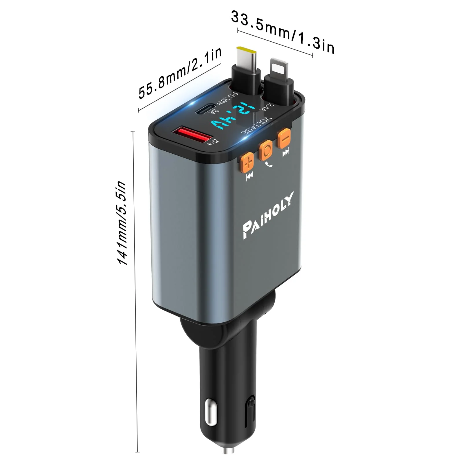 Bluetooth 5.3 Car Adapter, FM Transmitter Bluetooth Car Charger, 4 in 1 Retractable Car Charger, Phone USB C PD Fast Charging Adapter for RV SUV Truck, Fit iPhone 17/16/15/14 (Type C & Lightning) Grey - Image 9