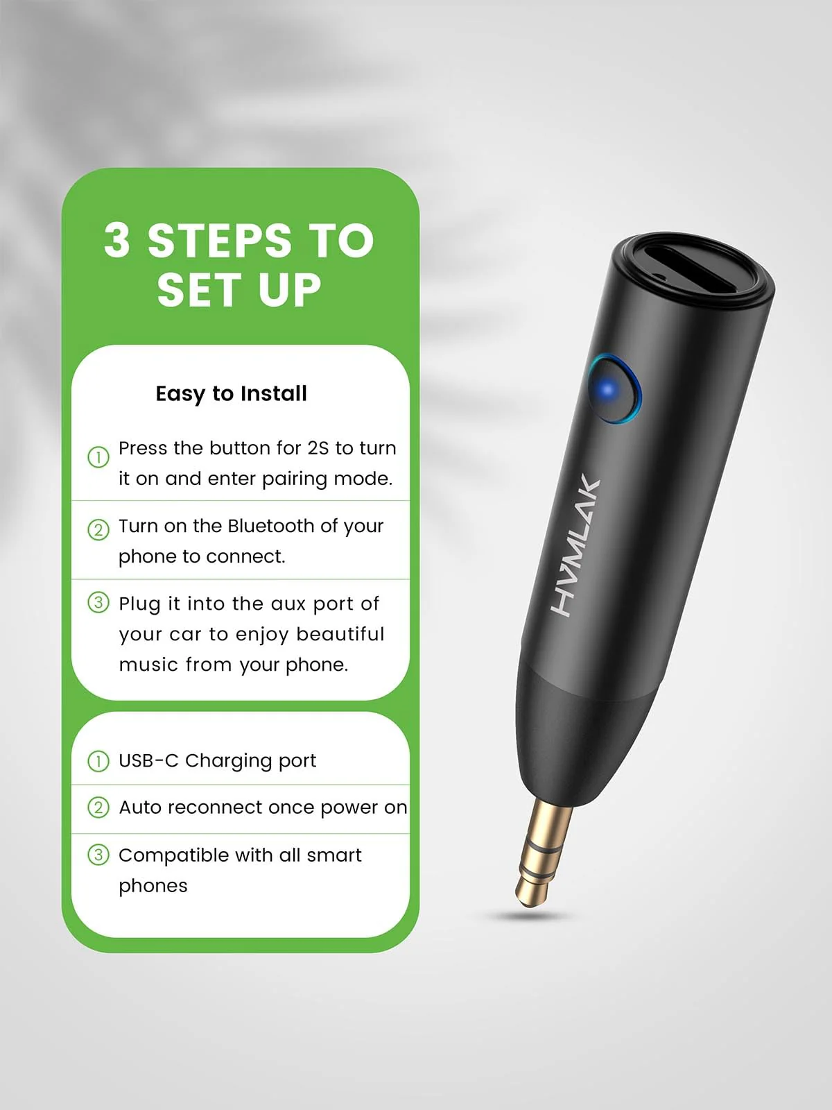 Bluetooth 5.3 Car Aux Adapter with Enhanced Microphone, 3.5mm Jack for Car Home Stereo, USB-C Charging, Sturdy Case, 1 Piece Black - Image 4
