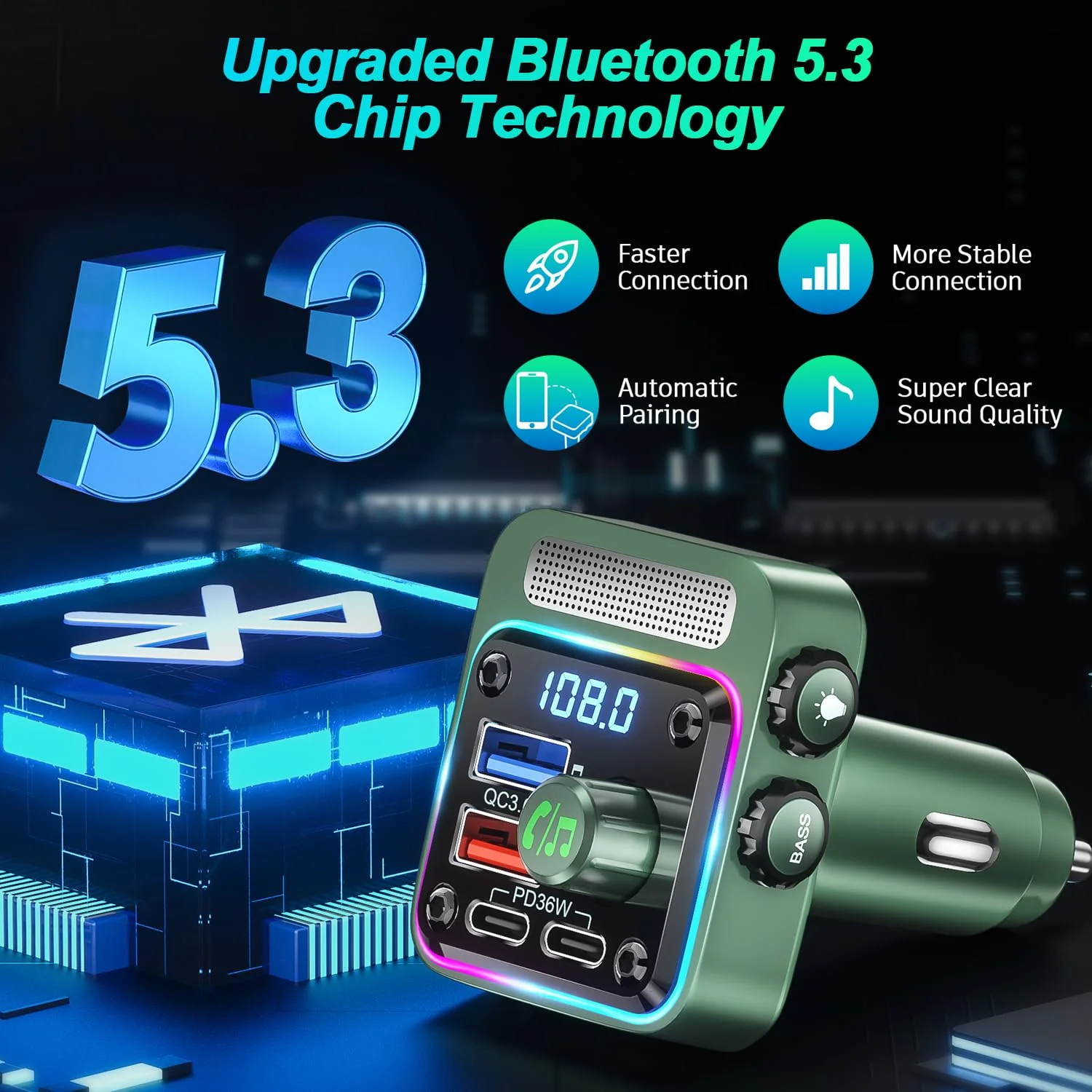 Bluetooth 5.3 FM Transmitter Car Adapter - SONRU Car Charger 54W [PD 36W & QC3.0 18W], Wireless FM Radio Transmitter [HiFi Treble & Bass Player], 5 Colors LED Backlit, Hands-Free Calling, U-Disk Green - Image 2