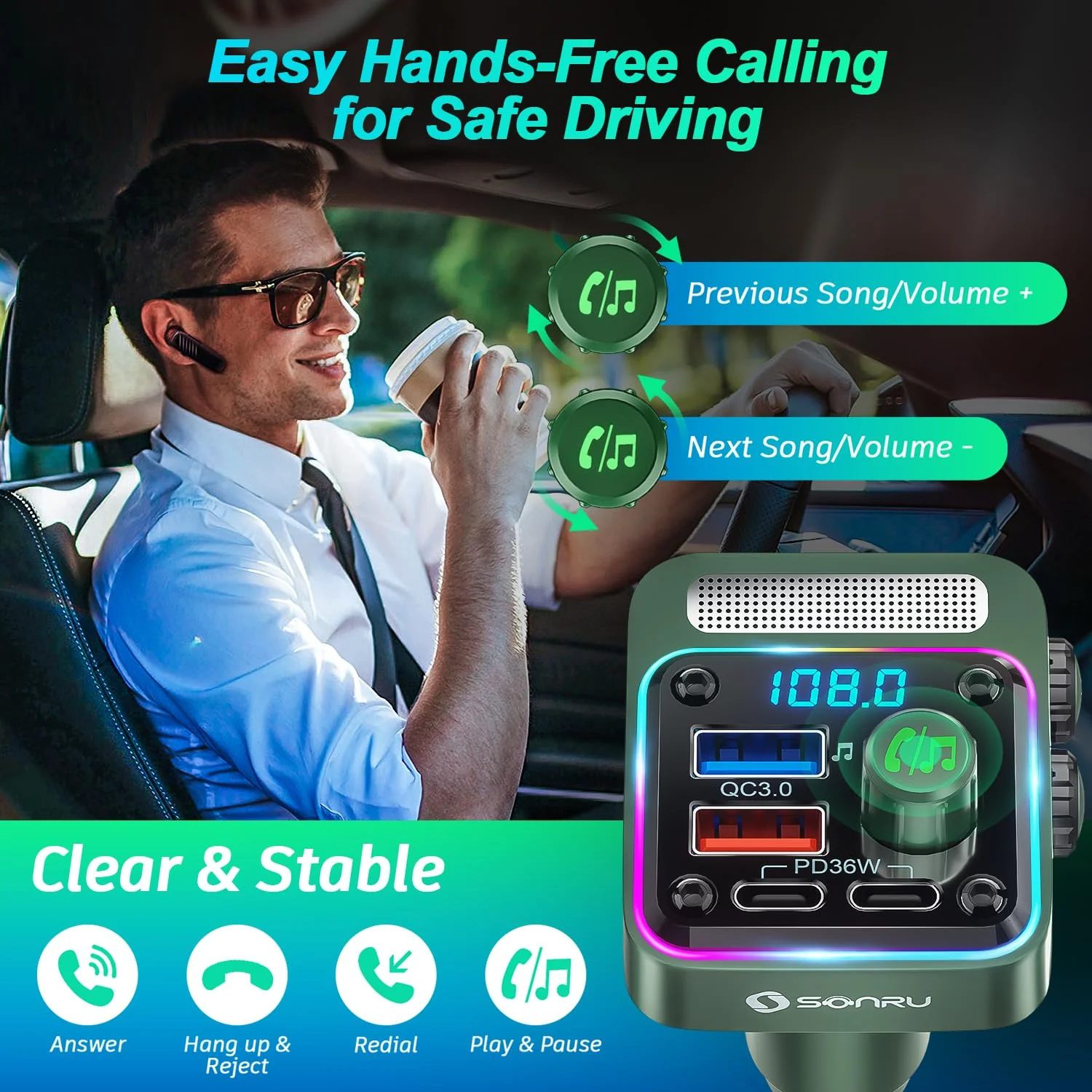 Bluetooth 5.3 FM Transmitter Car Adapter - SONRU Car Charger 54W [PD 36W & QC3.0 18W], Wireless FM Radio Transmitter [HiFi Treble & Bass Player], 5 Colors LED Backlit, Hands-Free Calling, U-Disk Green - Image 4