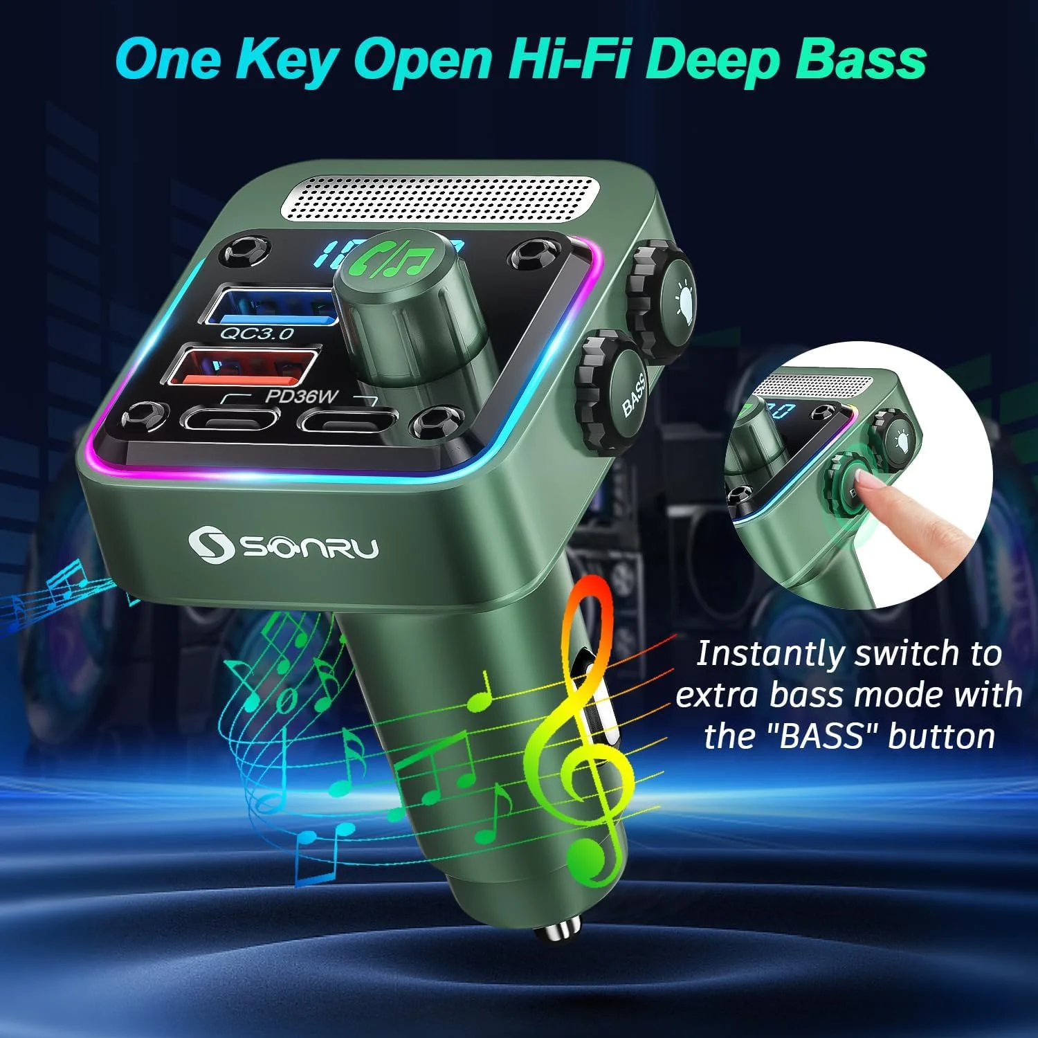 Bluetooth 5.3 FM Transmitter Car Adapter - SONRU Car Charger 54W [PD 36W & QC3.0 18W], Wireless FM Radio Transmitter [HiFi Treble & Bass Player], 5 Colors LED Backlit, Hands-Free Calling, U-Disk Green - Image 5