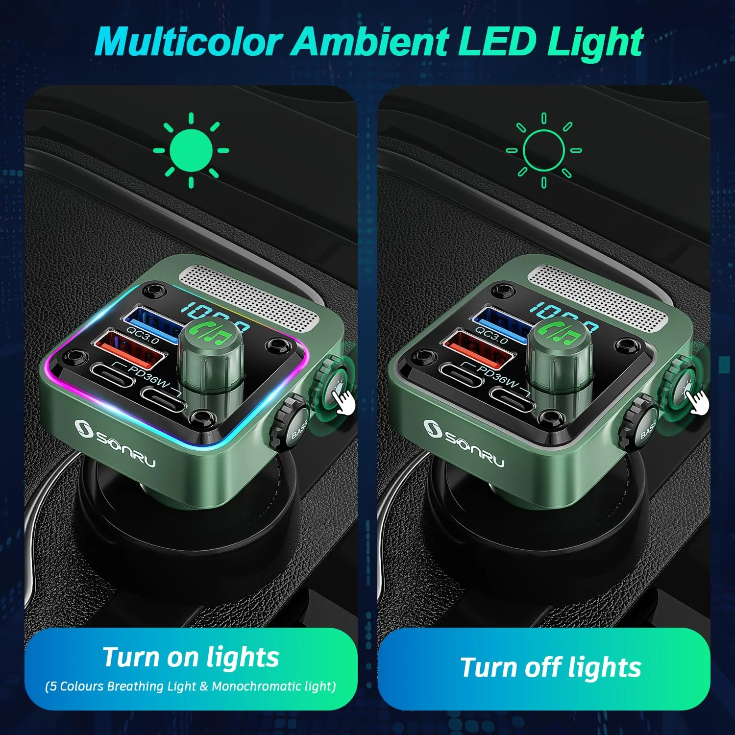 Bluetooth 5.3 FM Transmitter Car Adapter - SONRU Car Charger 54W [PD 36W & QC3.0 18W], Wireless FM Radio Transmitter [HiFi Treble & Bass Player], 5 Colors LED Backlit, Hands-Free Calling, U-Disk Green - Image 6