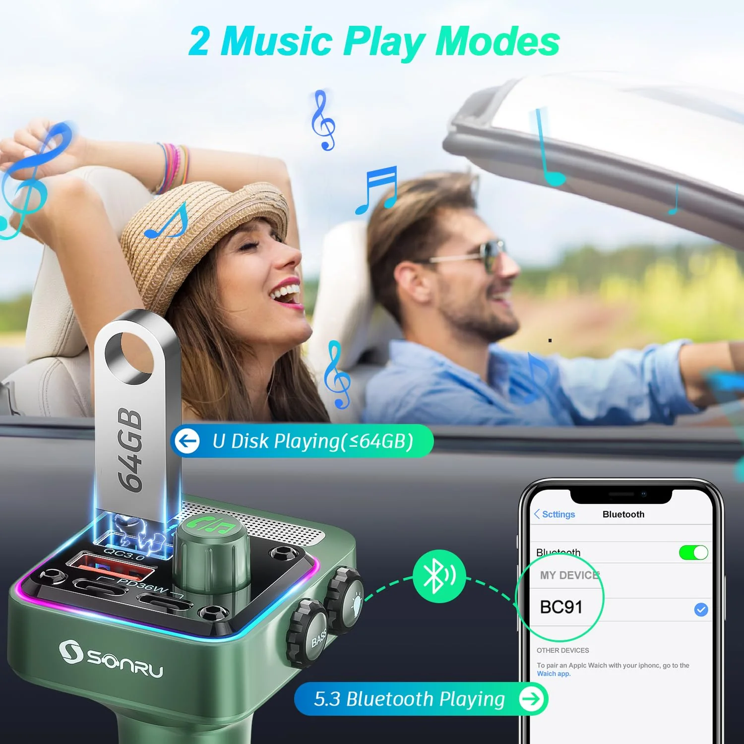 Bluetooth 5.3 FM Transmitter Car Adapter - SONRU Car Charger 54W [PD 36W & QC3.0 18W], Wireless FM Radio Transmitter [HiFi Treble & Bass Player], 5 Colors LED Backlit, Hands-Free Calling, U-Disk Green - Image 7